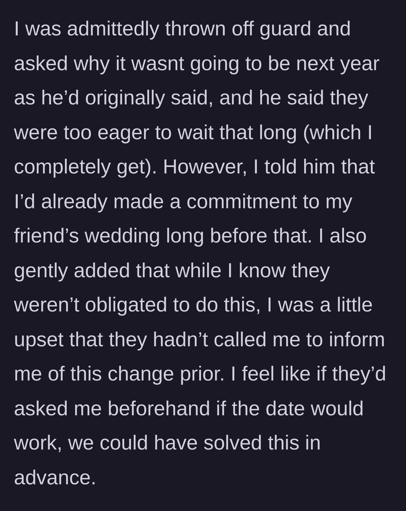 Story part 5 - Main character confronts her dad about the date clash and her prior commitment.