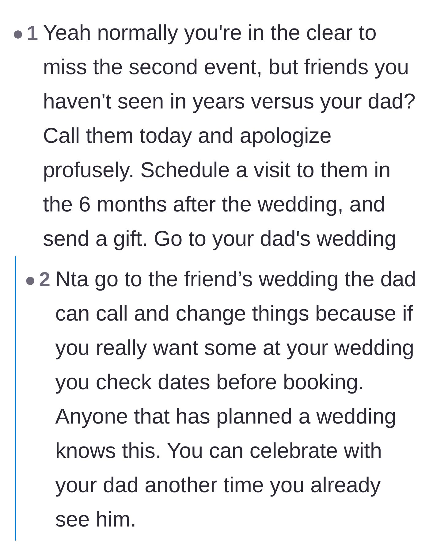 Comment thread 3 - Conflicting advice on whether family loyalty should automatically trump a prior RSVP.
