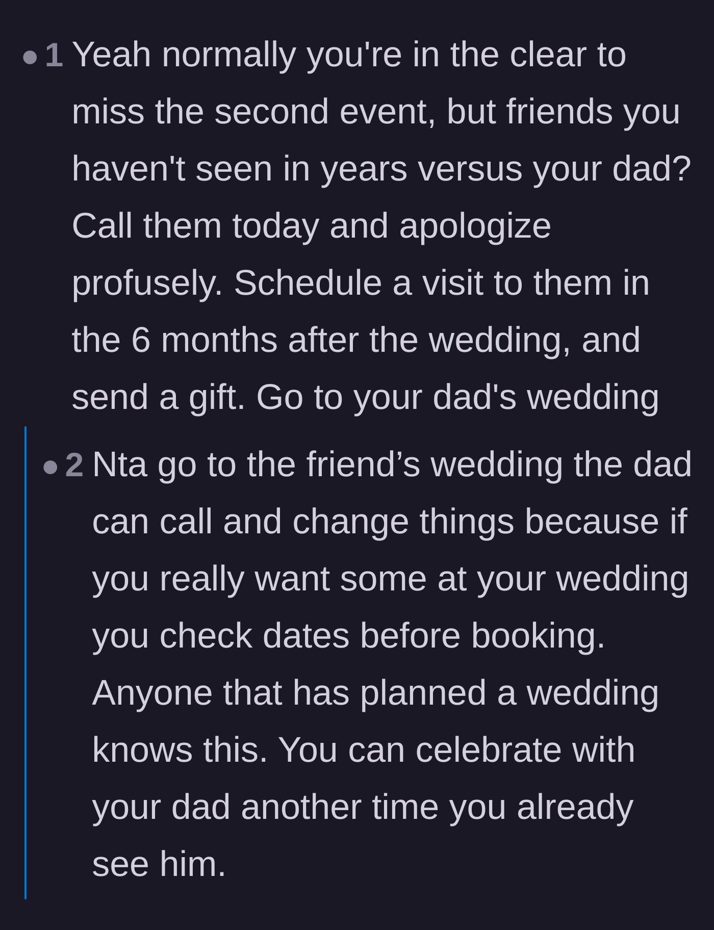 Comment thread 3 - Conflicting advice on whether family loyalty should automatically trump a prior RSVP.