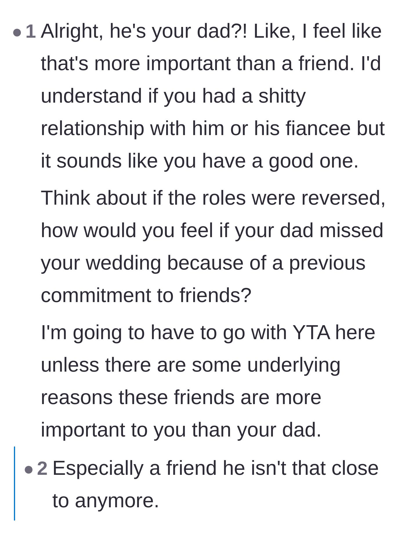 Comment thread 4 - Arguments stating that attending a parent's wedding is mandatory regardless of previous plans.
