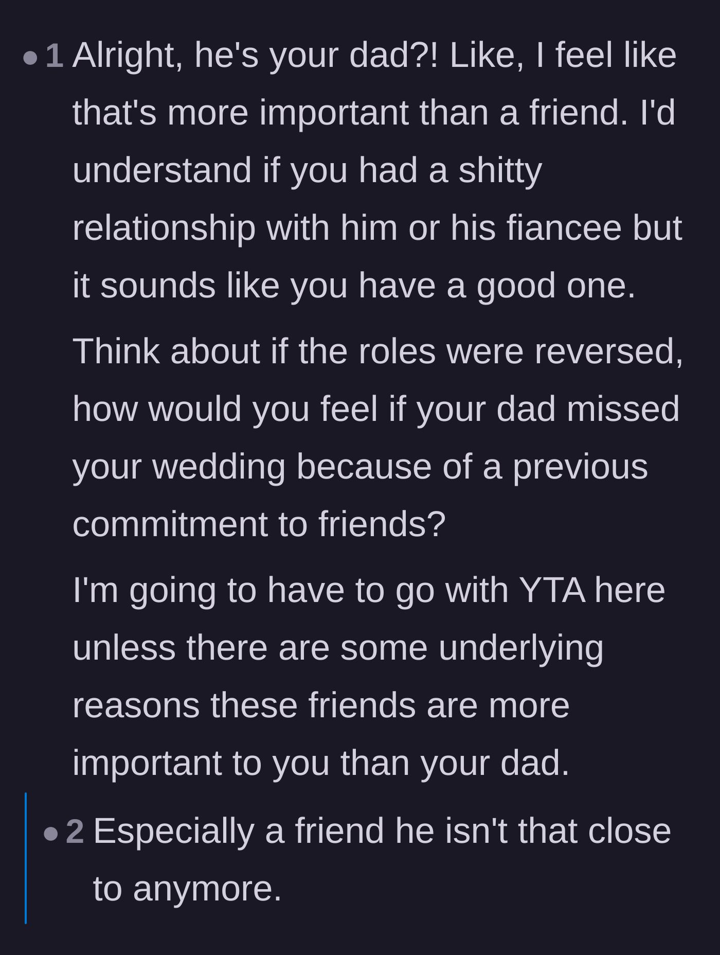 Comment thread 4 - Arguments stating that attending a parent's wedding is mandatory regardless of previous plans.