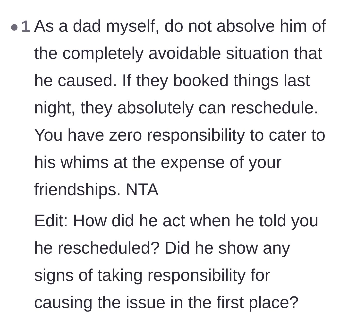 Comment thread 6 - Another father weighing in to hold the main character's dad accountable for creating the mess.