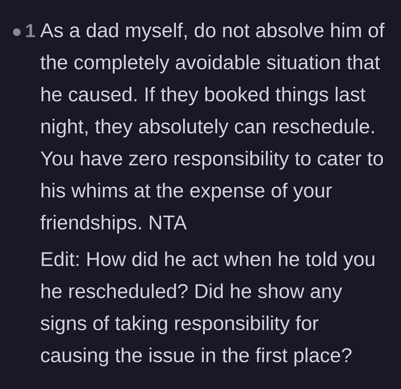 Comment thread 6 - Another father weighing in to hold the main character's dad accountable for creating the mess.