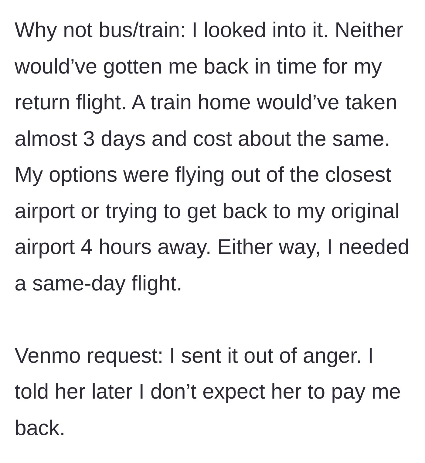 Story part 5 - Exploring limited transit options and admitting the $800 Venmo request was sent out of pure frustration.