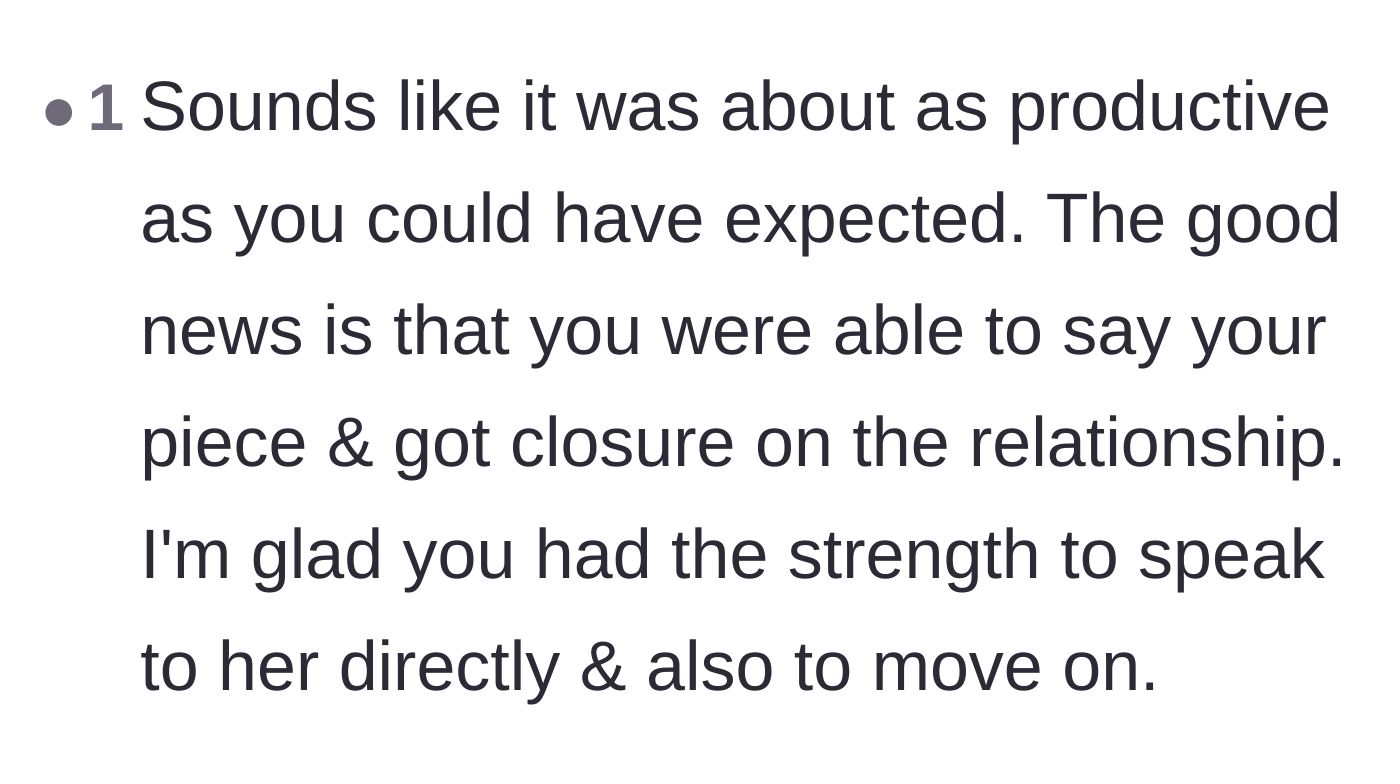 Comment thread 4 - Praising the author for speaking up, getting closure, and having the strength to move on.
