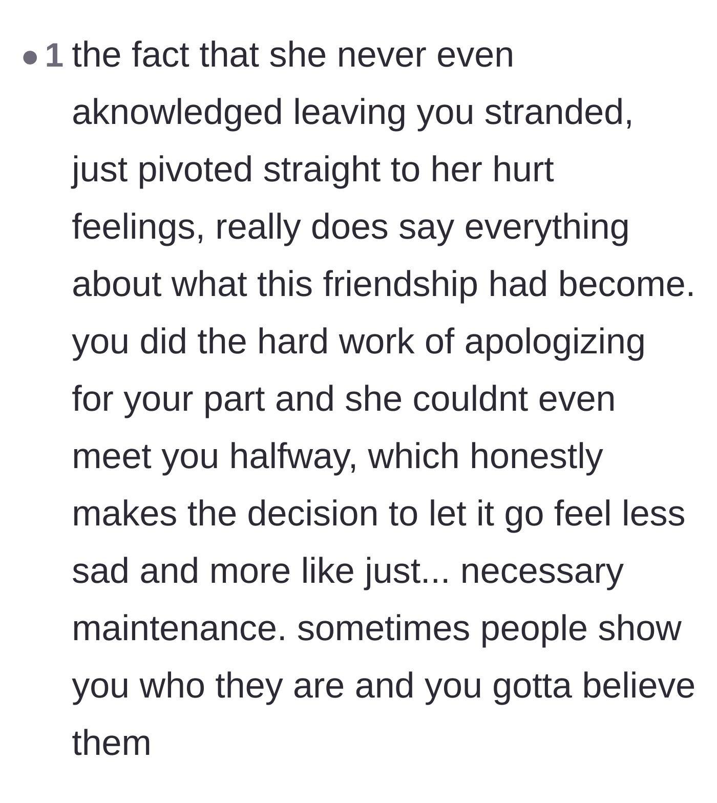 Comment thread 6 - Analyzing how the friend's refusal to acknowledge the stranding proved exactly who she was.