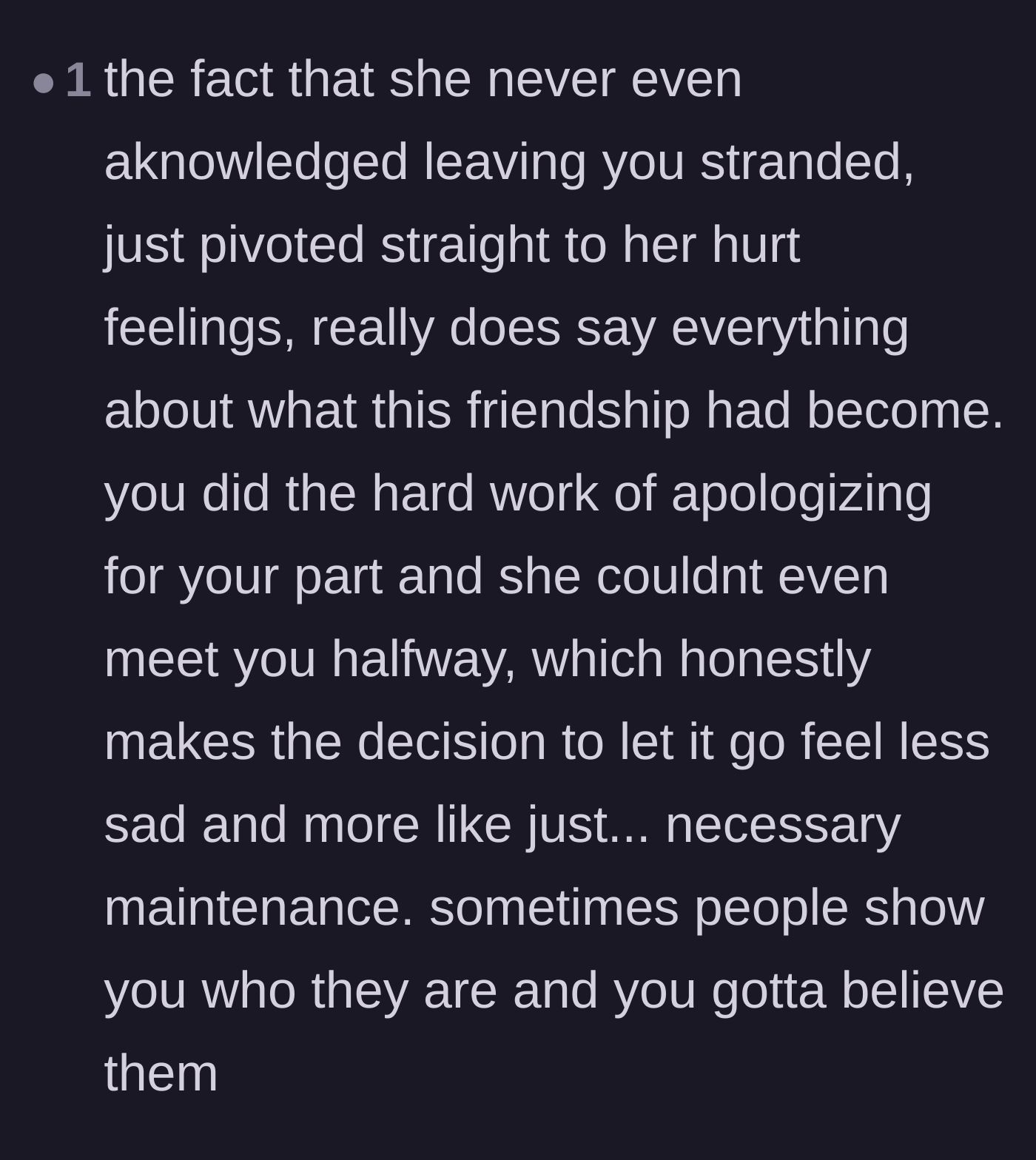 Comment thread 6 - Analyzing how the friend's refusal to acknowledge the stranding proved exactly who she was.