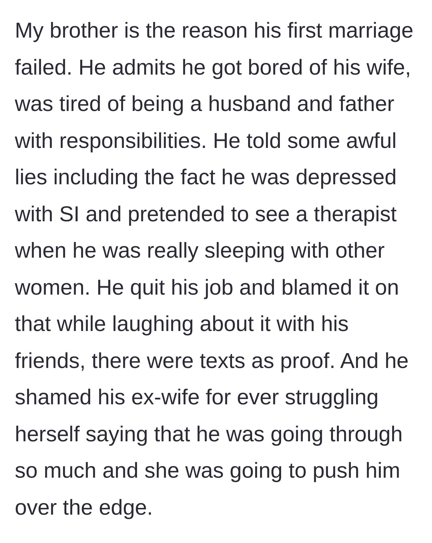 Story part 1 - Brother lies about depression to cover up cheating and quitting his job.