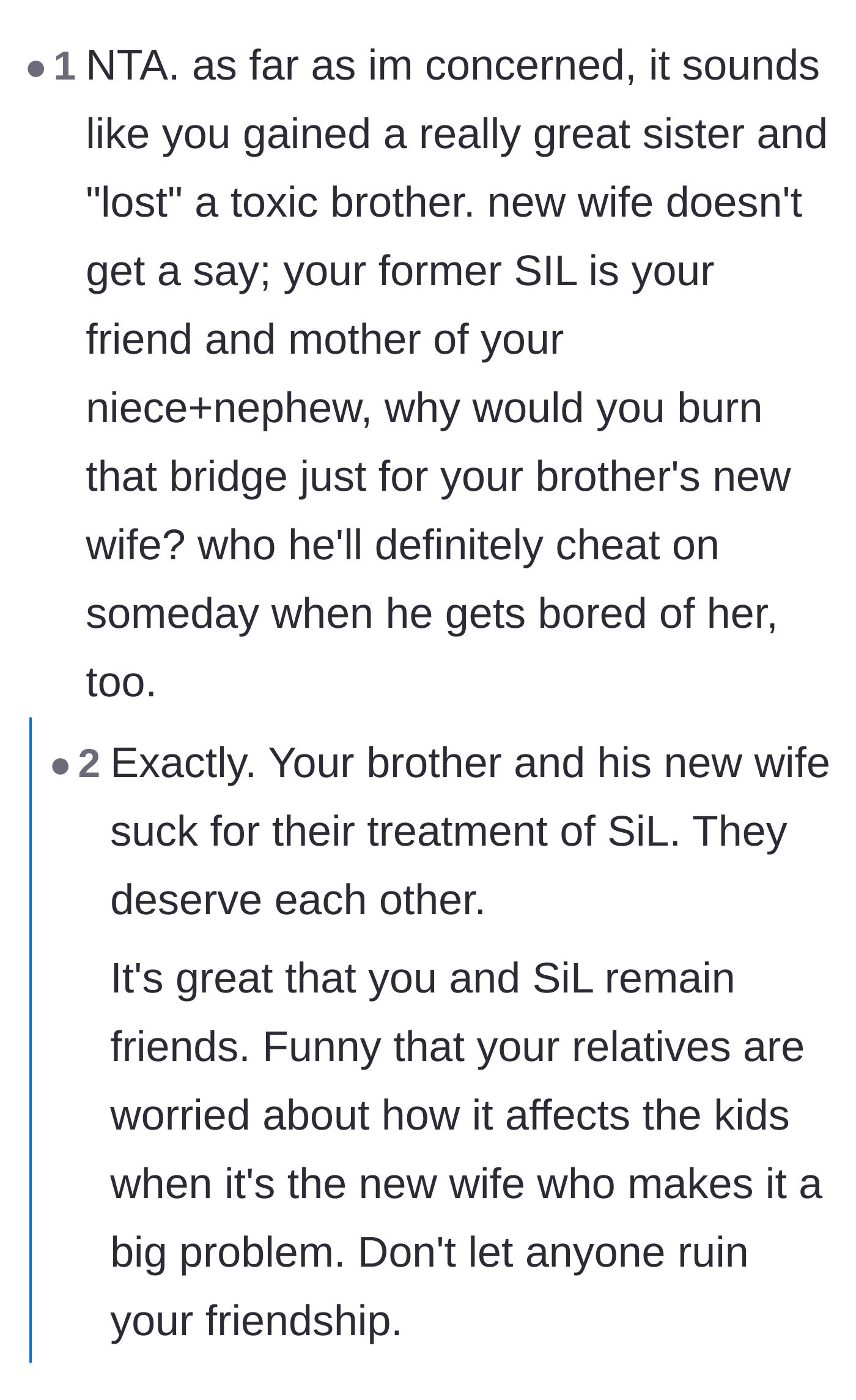 Comment thread 1 - Readers point out that the brother will likely cheat on the new wife eventually.
