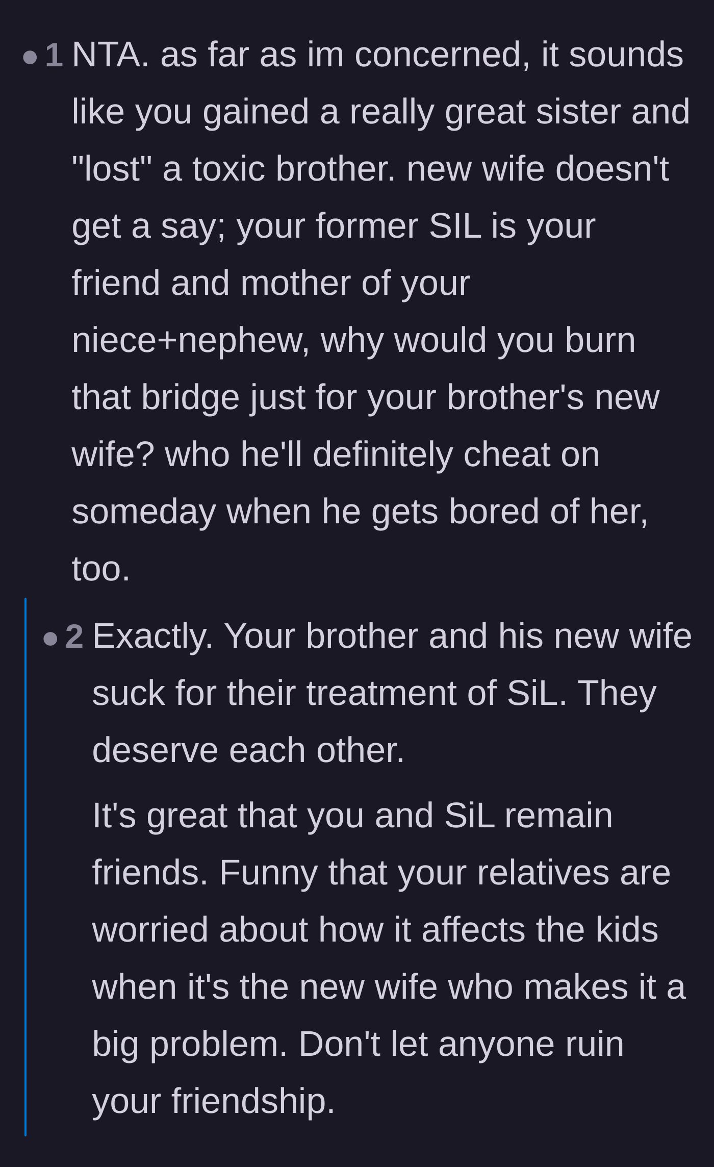 Comment thread 1 - Readers point out that the brother will likely cheat on the new wife eventually.