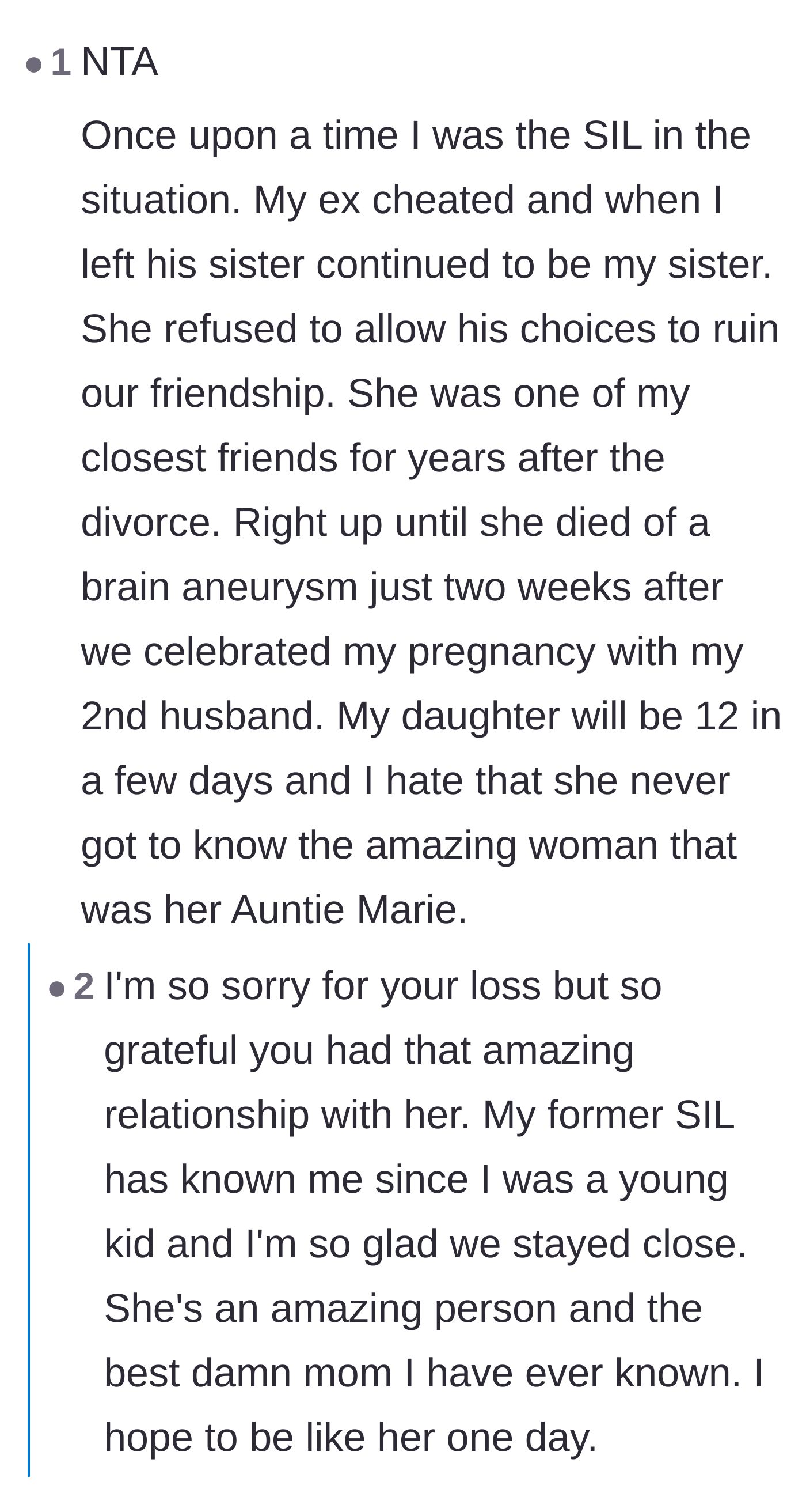 Comment thread 2 - A touching personal story about a former sister-in-law remaining best friends after a divorce.