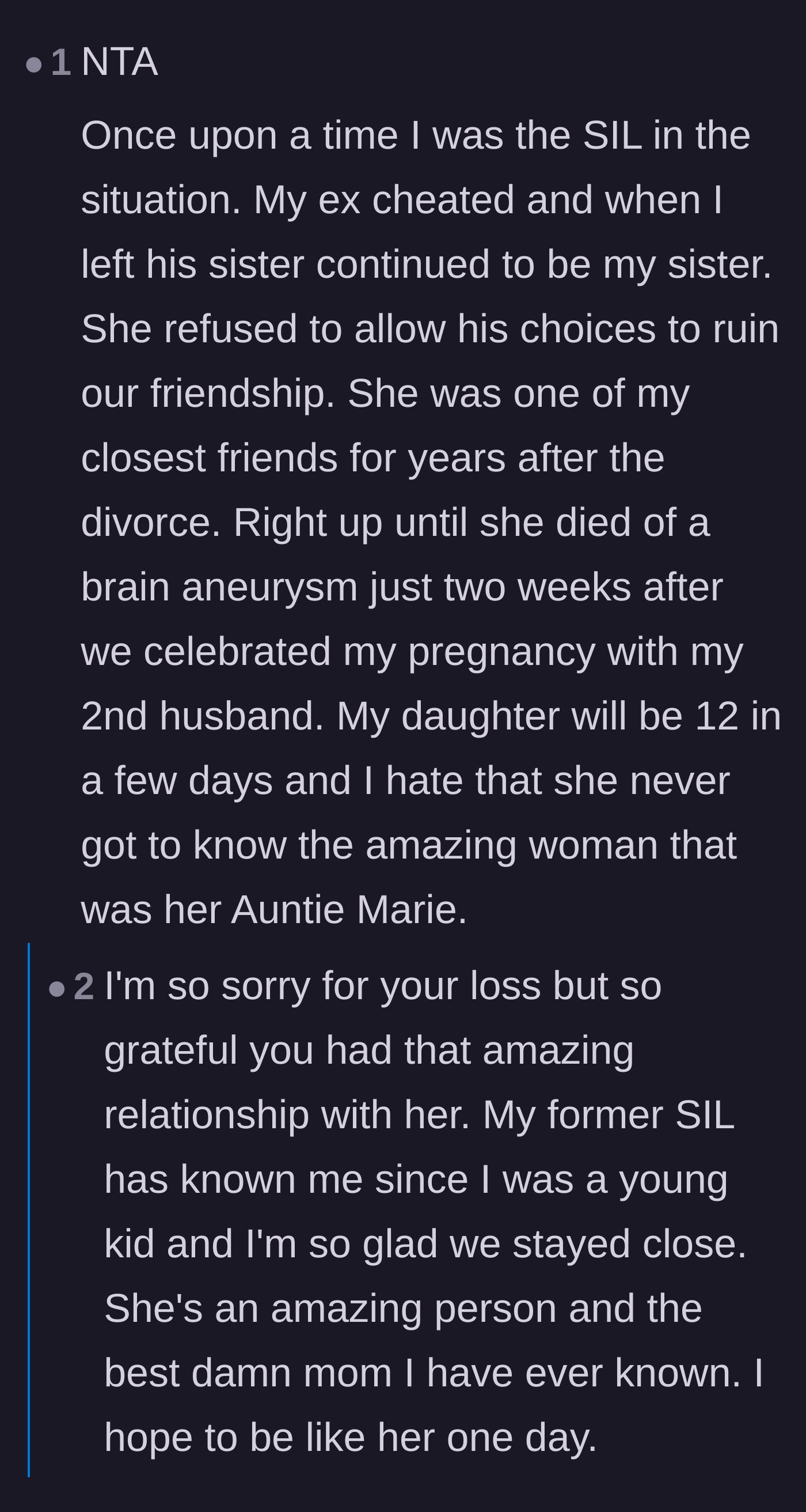 Comment thread 2 - A touching personal story about a former sister-in-law remaining best friends after a divorce.
