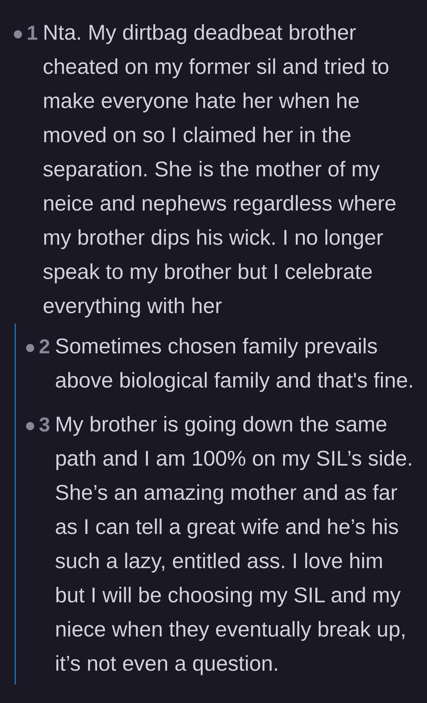 Comment thread 4 - Another reader shares how they 'claimed' their former sister-in-law over their deadbeat brother.