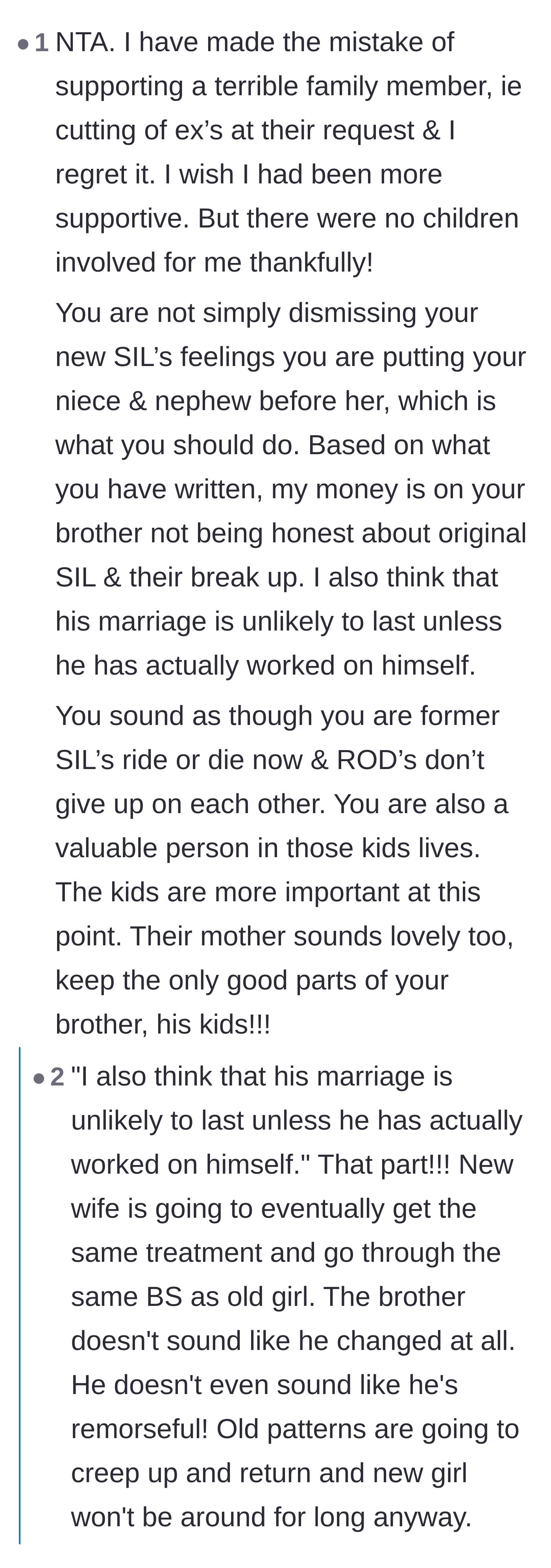 Comment thread 5 - A commenter regrets enabling a bad family member in the past and predicts the brother's new marriage will fail.