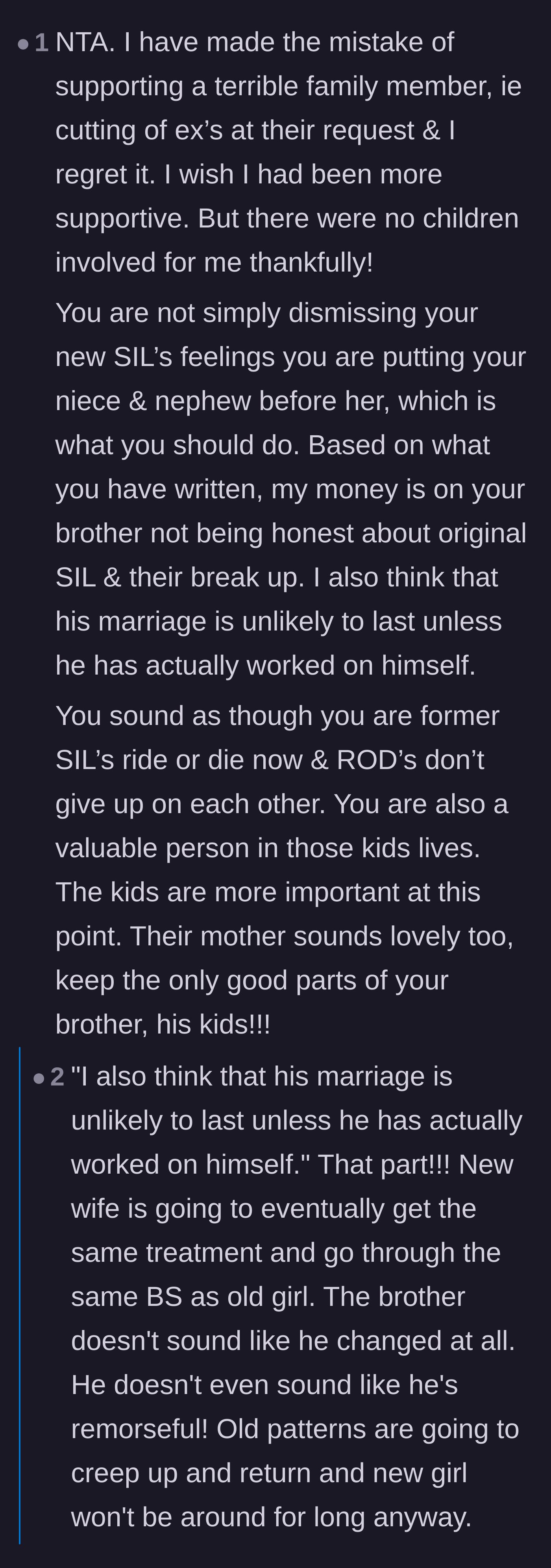 Comment thread 5 - A commenter regrets enabling a bad family member in the past and predicts the brother's new marriage will fail.