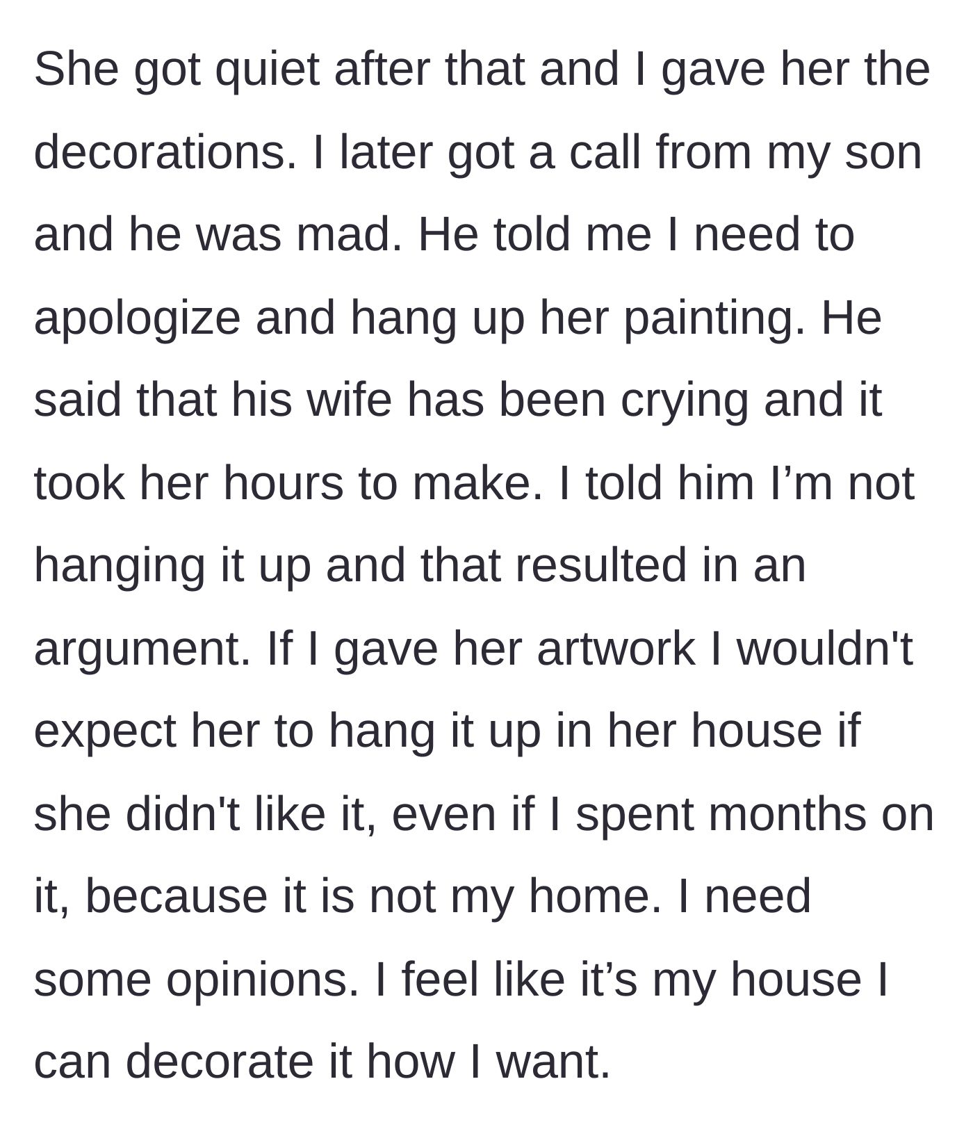 Story part 5 - The son angrily calling his mother to demand she apologize and hang the painting, leading to a family argument.