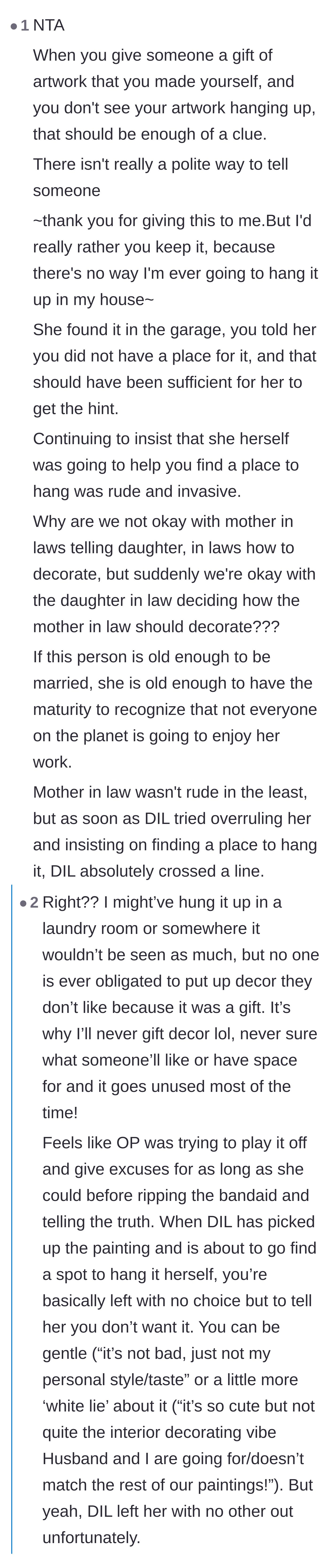 Comment thread 1 - A discussion on how the daughter-in-law should have taken the hint and respected boundaries.
