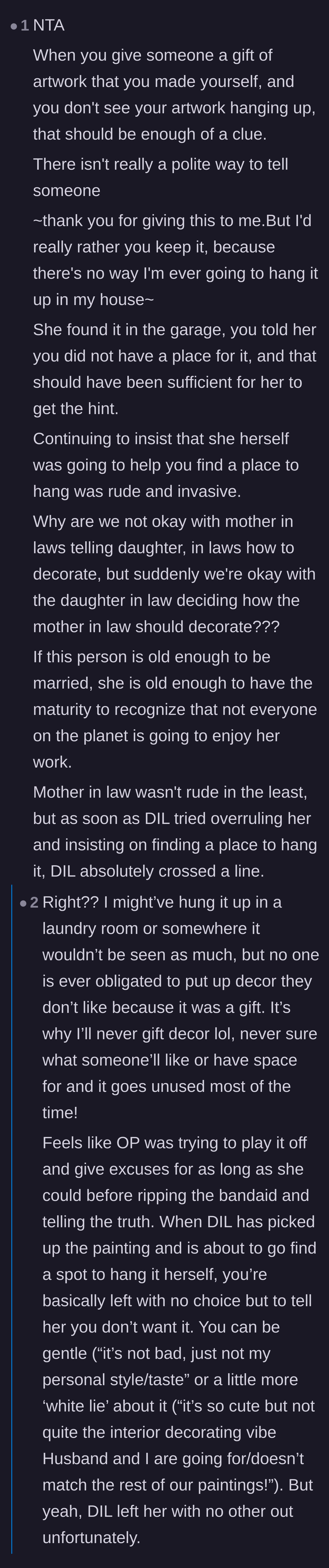 Comment thread 1 - A discussion on how the daughter-in-law should have taken the hint and respected boundaries.
