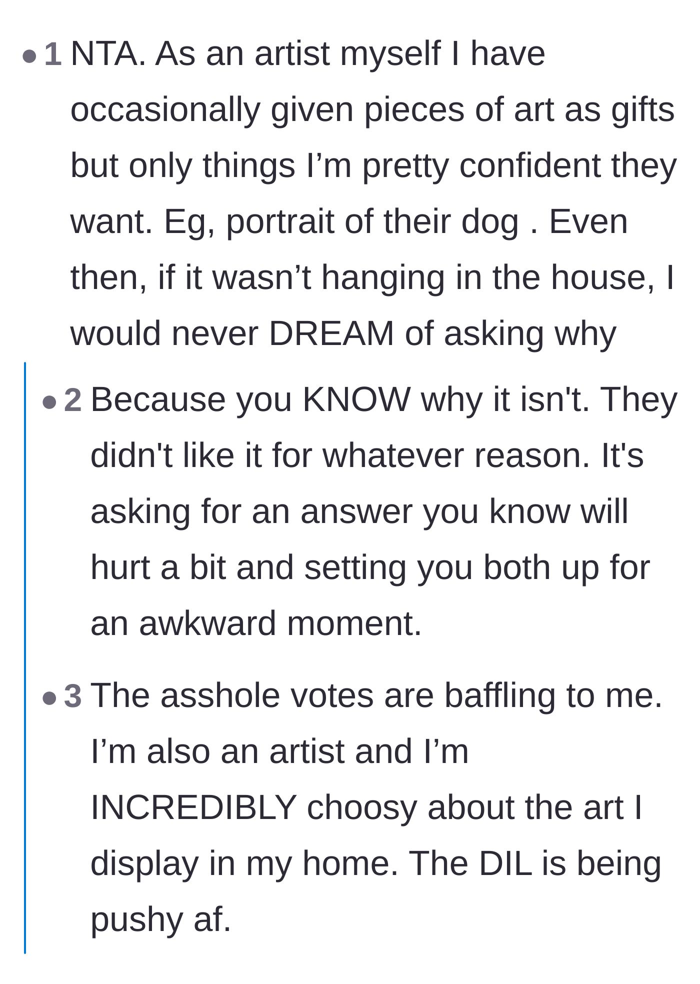 Comment thread 2 - Actual artists weighing in on why you never ask someone why they aren't displaying your art.