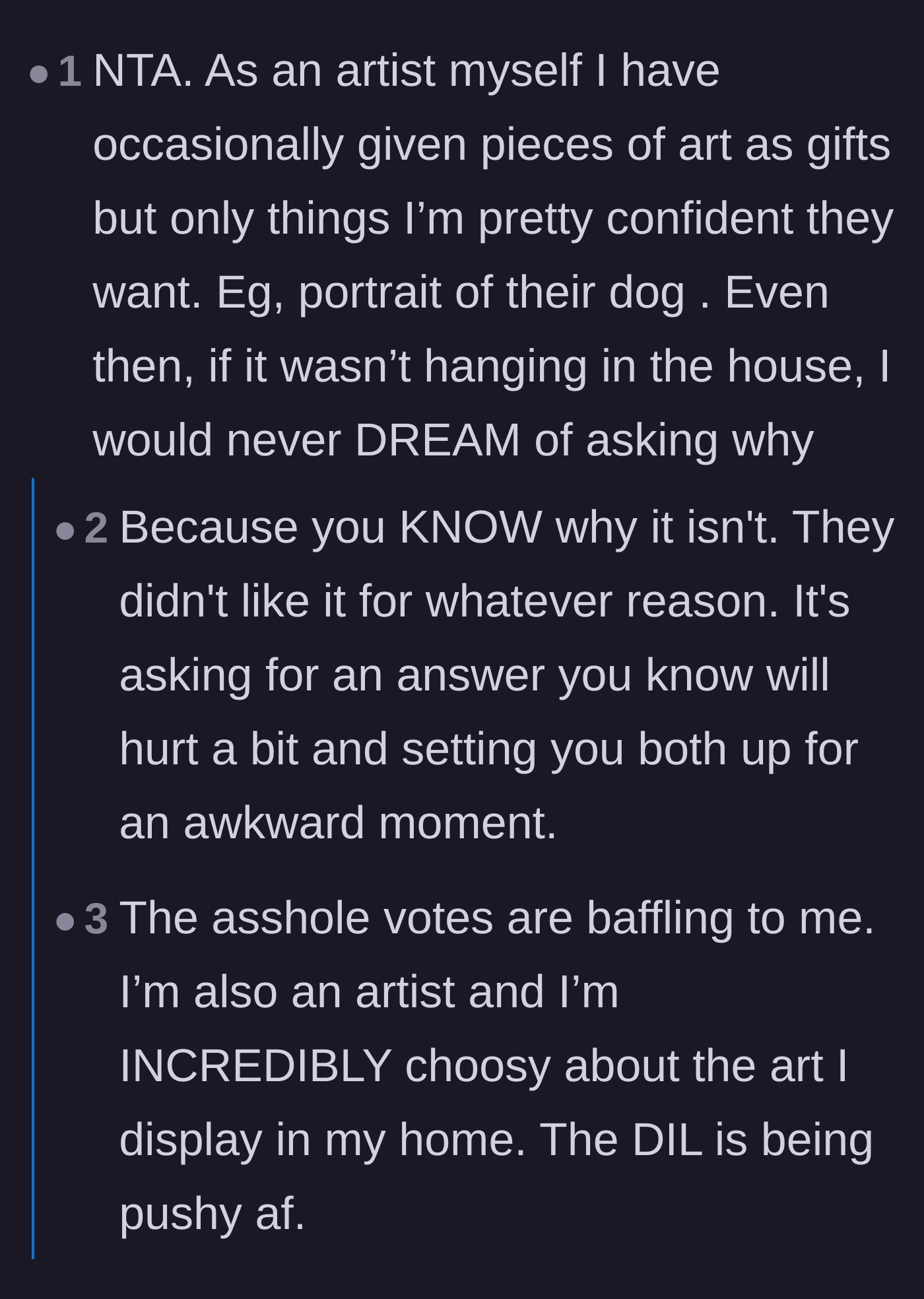 Comment thread 2 - Actual artists weighing in on why you never ask someone why they aren't displaying your art.