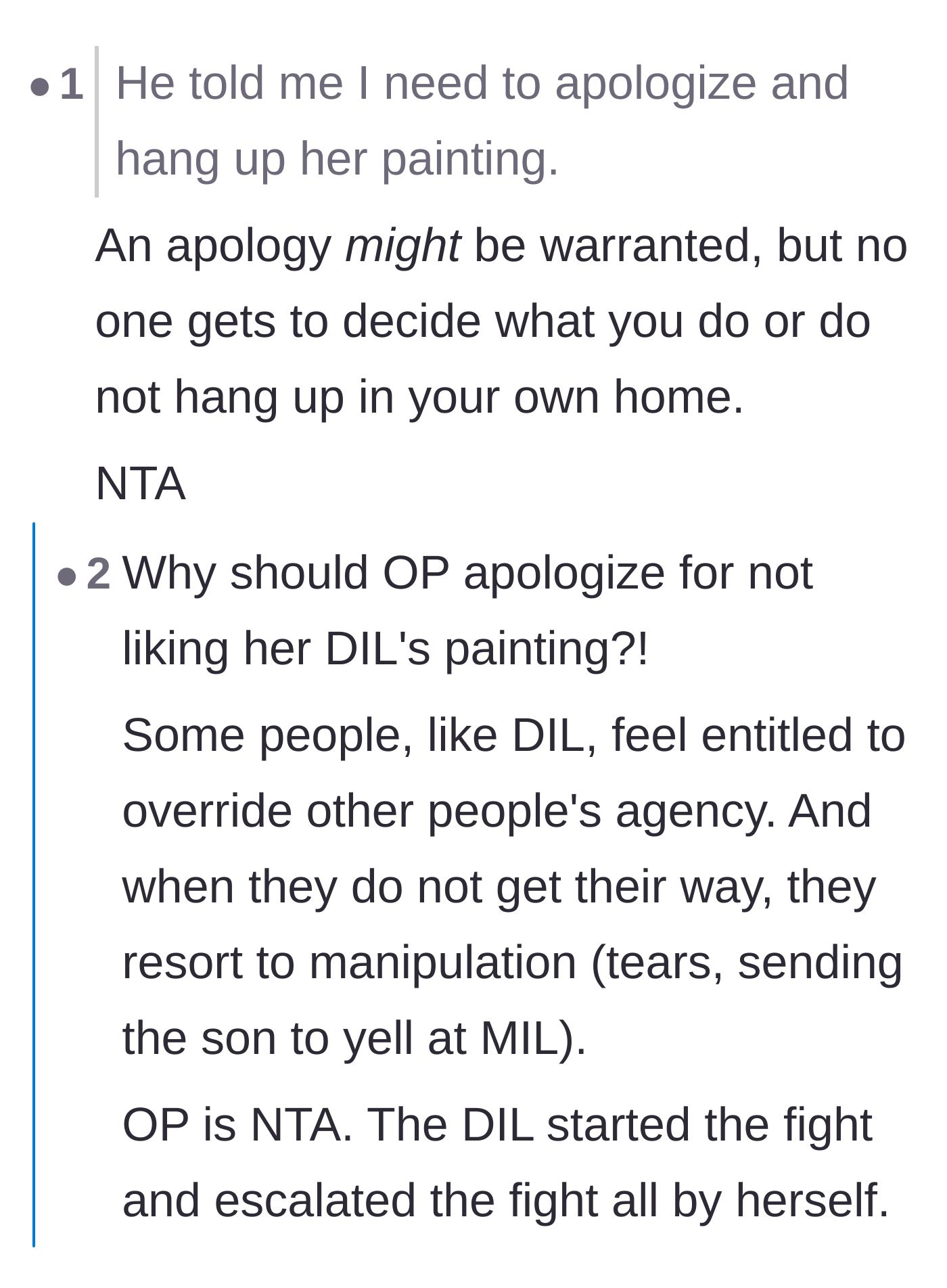 Comment thread 4 - Calling out the daughter-in-law's emotional manipulation and the son's enabling behavior.