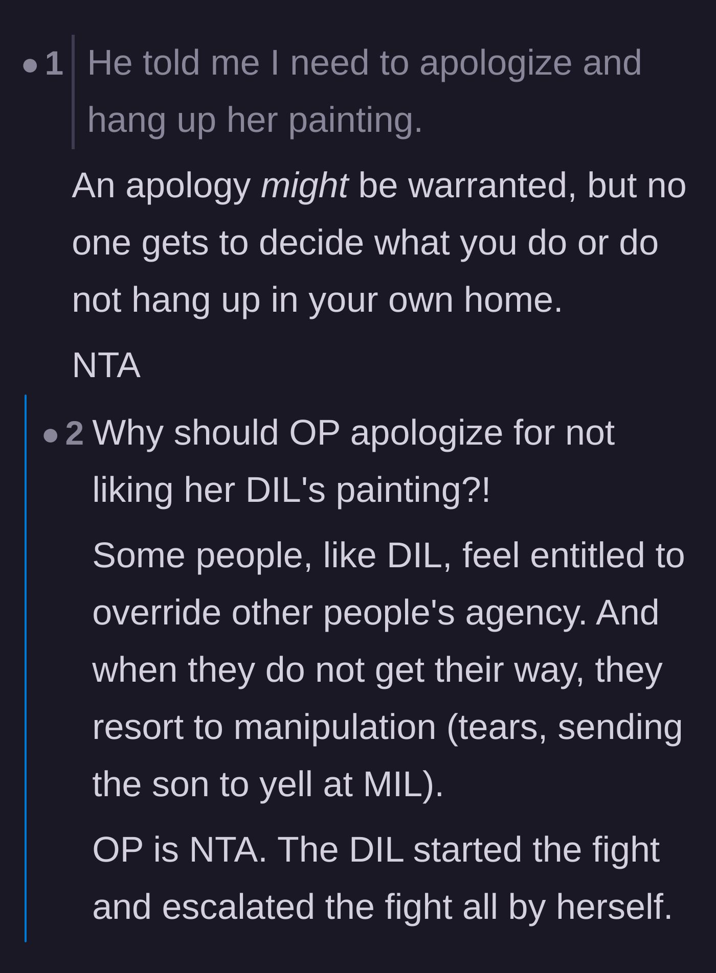 Comment thread 4 - Calling out the daughter-in-law's emotional manipulation and the son's enabling behavior.