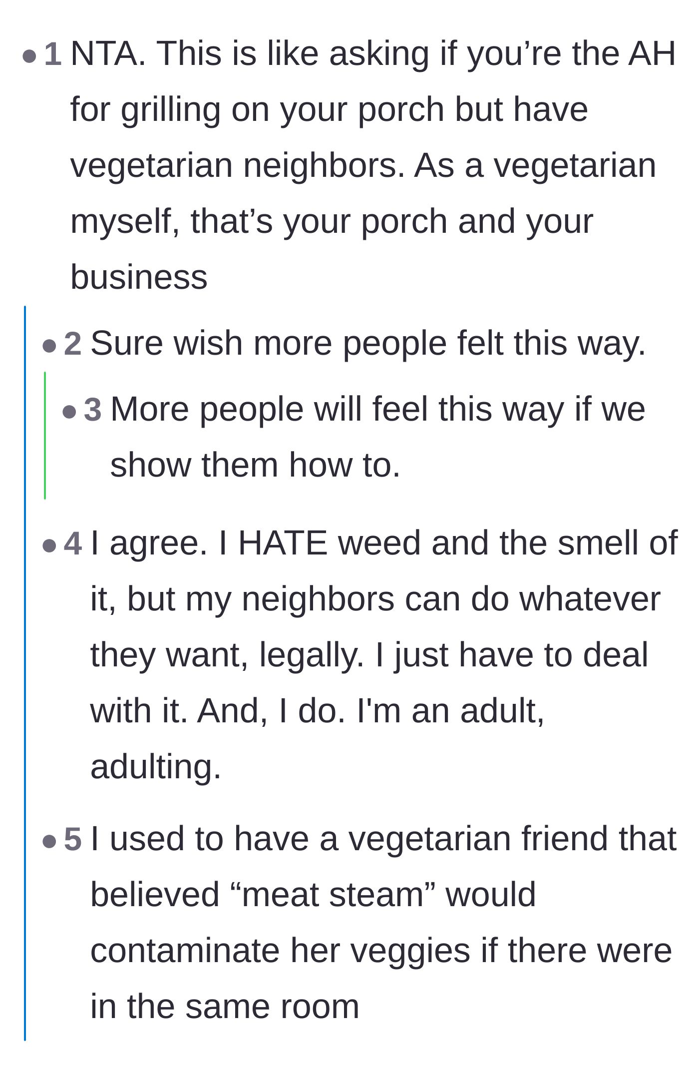Comment thread 1 - Comparing the smell of weed to grilling meat next to a vegetarian neighbor.