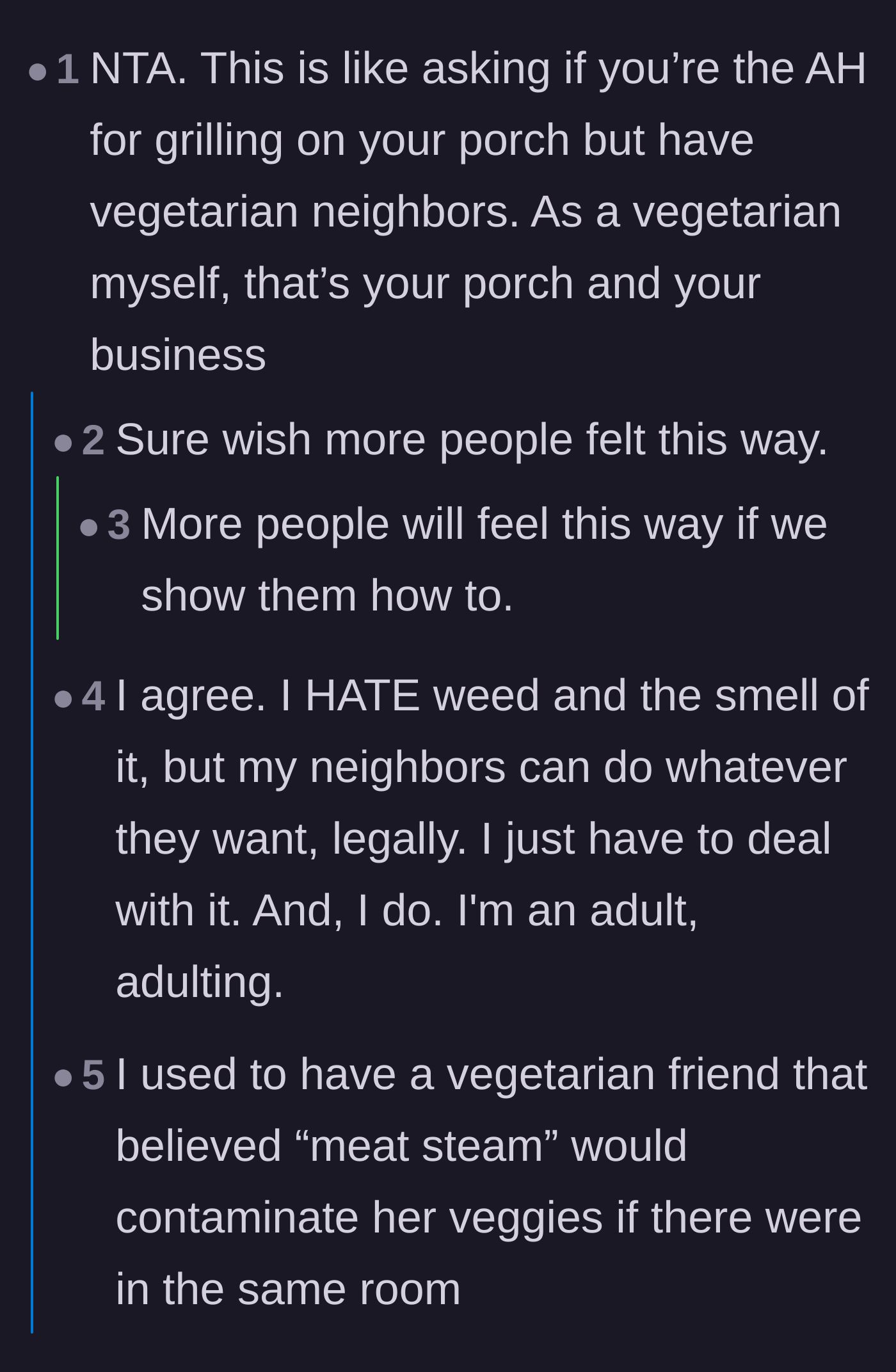 Comment thread 1 - Comparing the smell of weed to grilling meat next to a vegetarian neighbor.