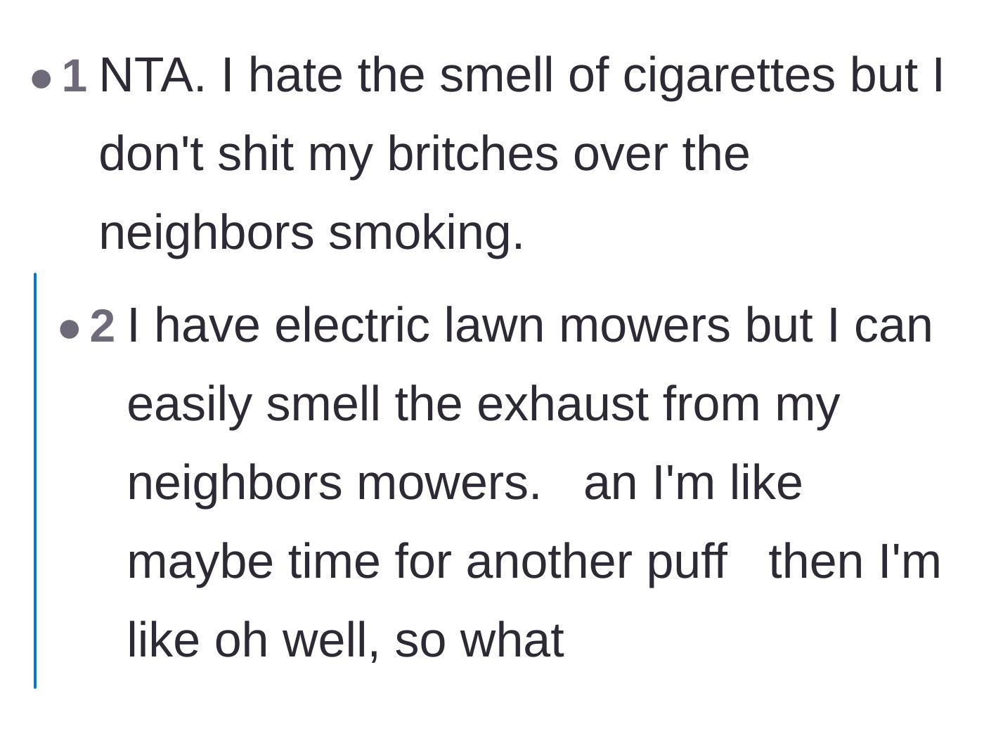 Comment thread 3 - Comparing the annoyance of weed smell to everyday nuisances like lawnmower exhaust.