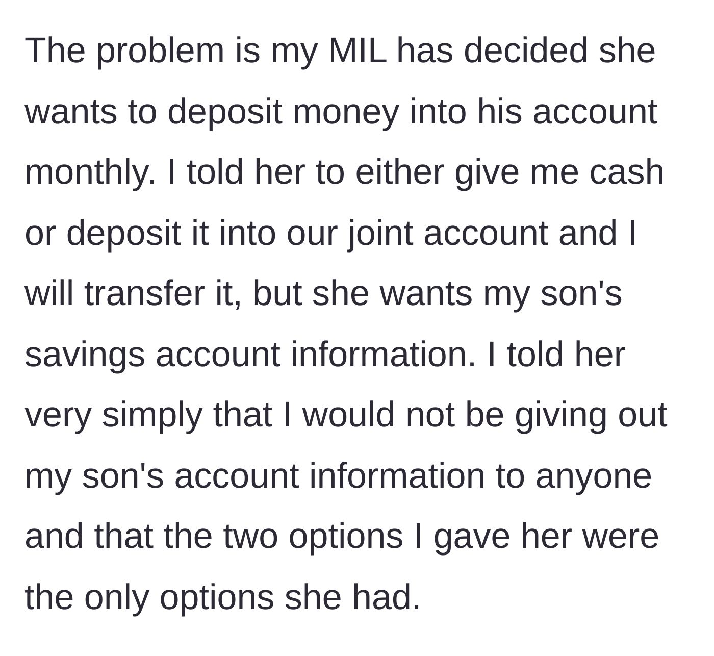 Story part 3 - The mother-in-law demands the child's direct banking information, rejecting alternative methods to gift money.