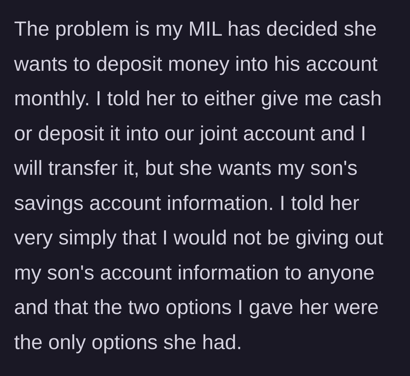 Story part 3 - The mother-in-law demands the child's direct banking information, rejecting alternative methods to gift money.