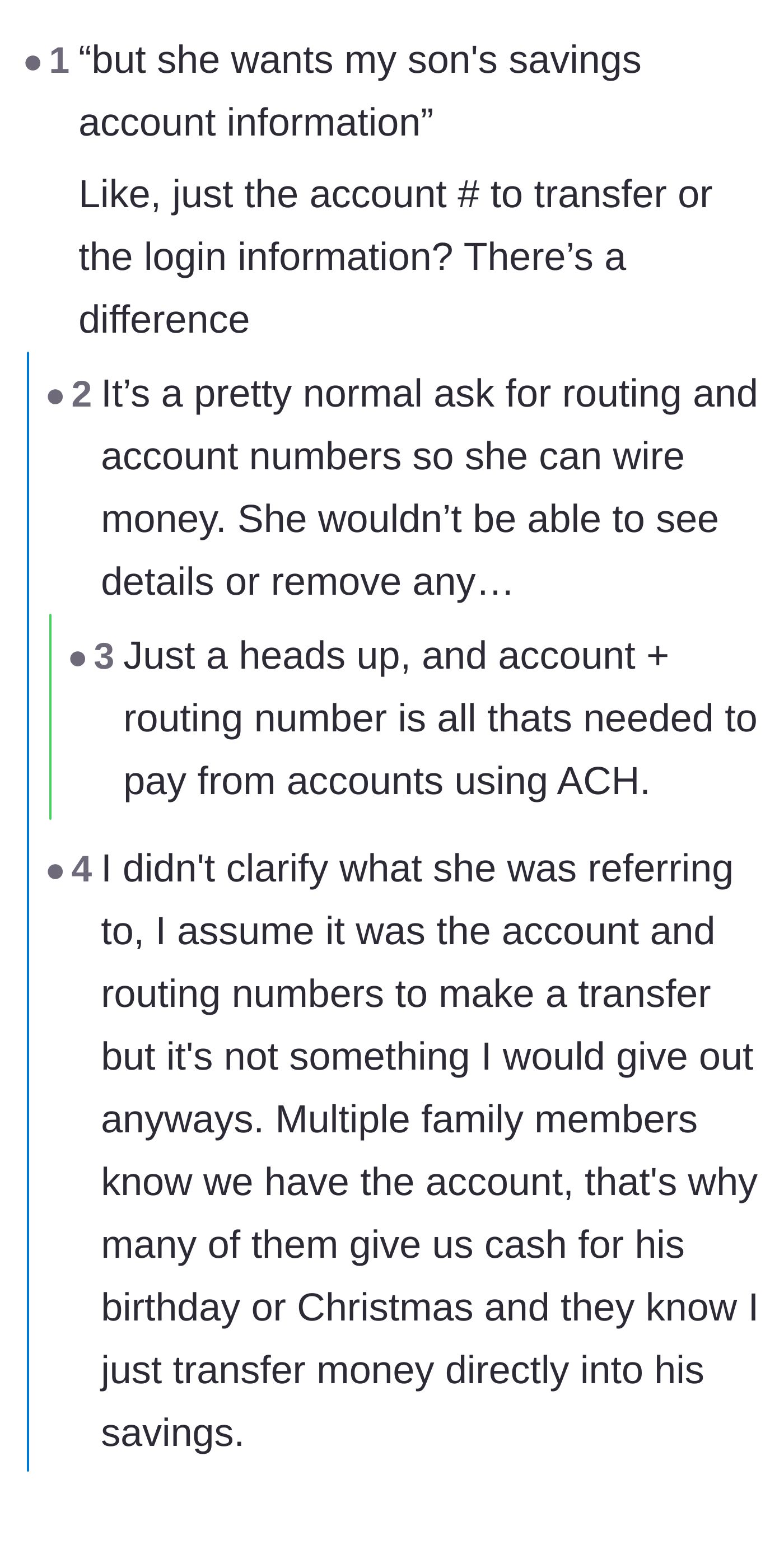 Comment thread 1 - A deep dive into the mechanics of ACH transfers and whether providing routing numbers is a genuine security risk or just an excuse.