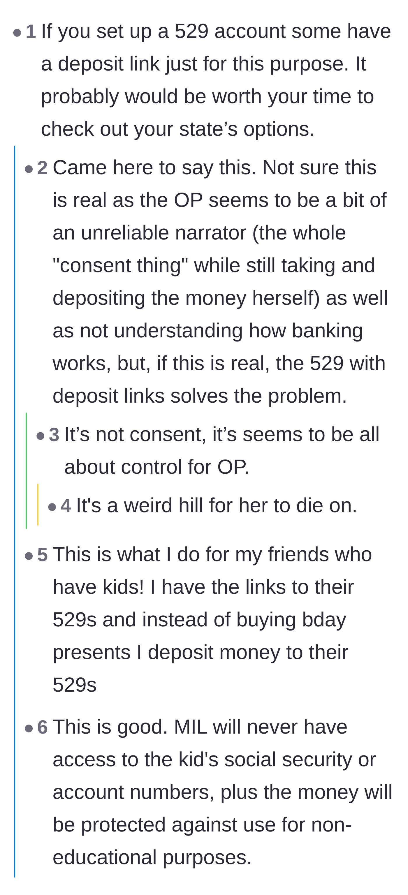 Comment thread 3 - Suggestions to use a 529 educational savings account link, pointing out that the conflict is more about parental control than logistics.