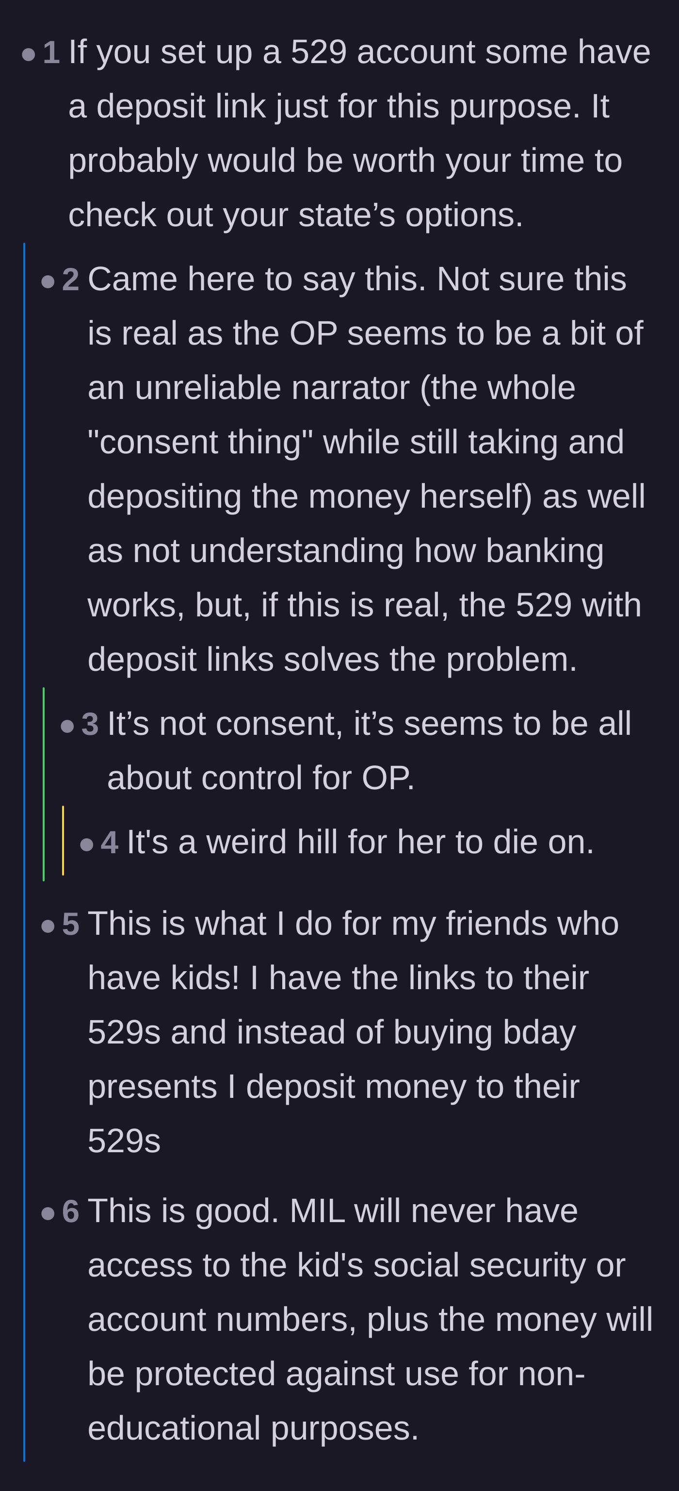 Comment thread 3 - Suggestions to use a 529 educational savings account link, pointing out that the conflict is more about parental control than logistics.