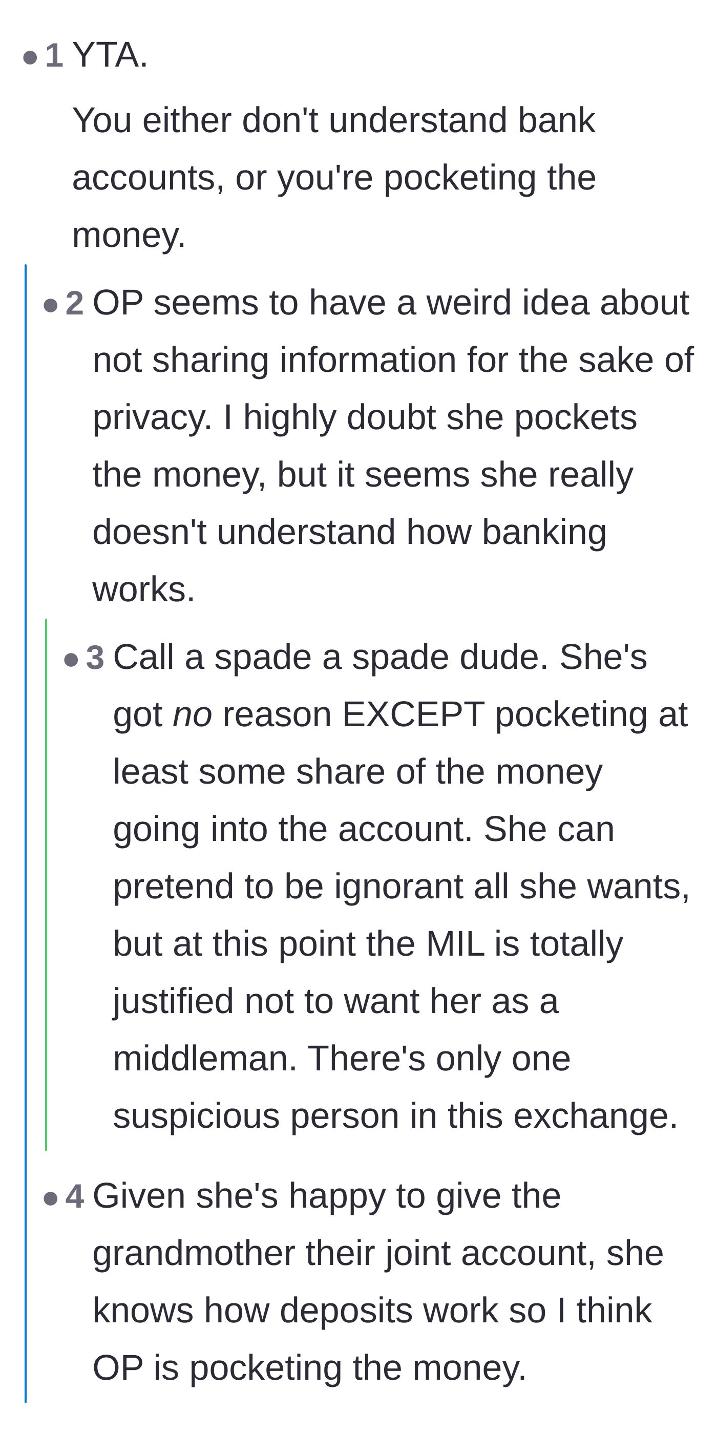 Comment thread 4 - Direct accusations that the mother is either financially illiterate or actively stealing her son's gift money.