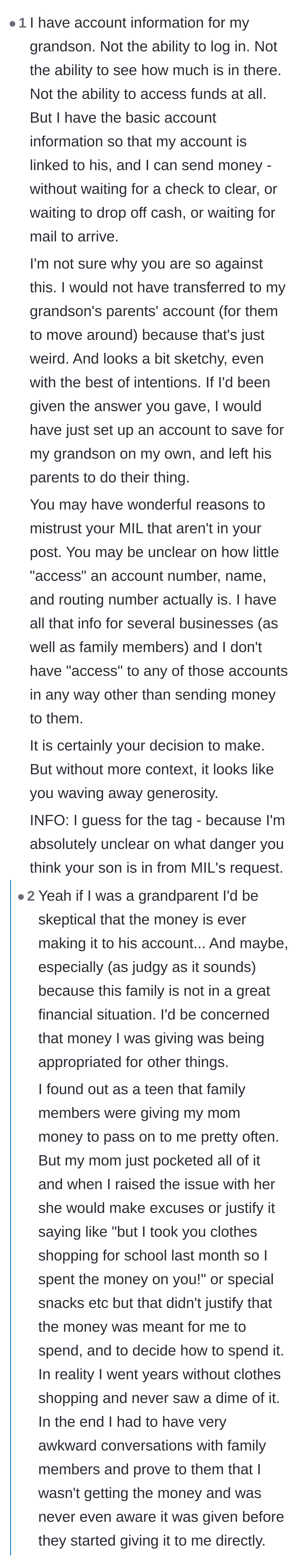 Comment thread 5 - A reader shares a personal story of their own parents pocketing gift money to explain why the grandmother's skepticism is valid.