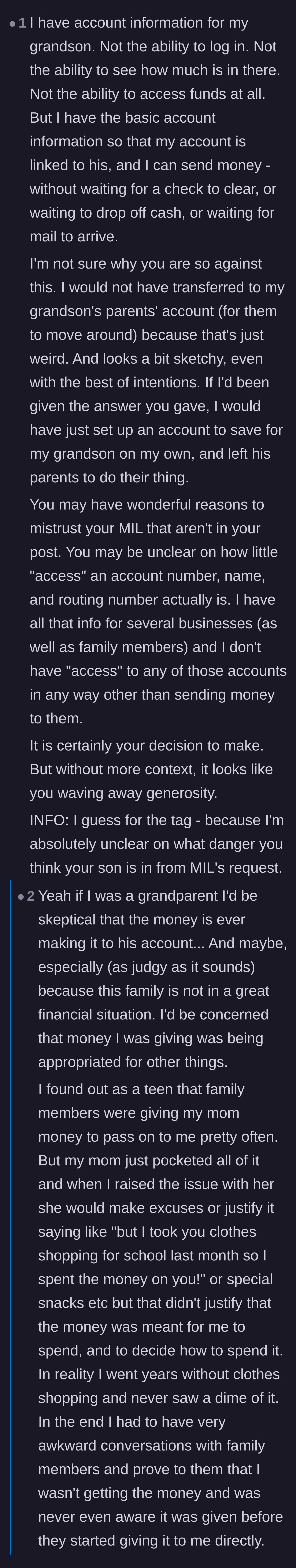 Comment thread 5 - A reader shares a personal story of their own parents pocketing gift money to explain why the grandmother's skepticism is valid.