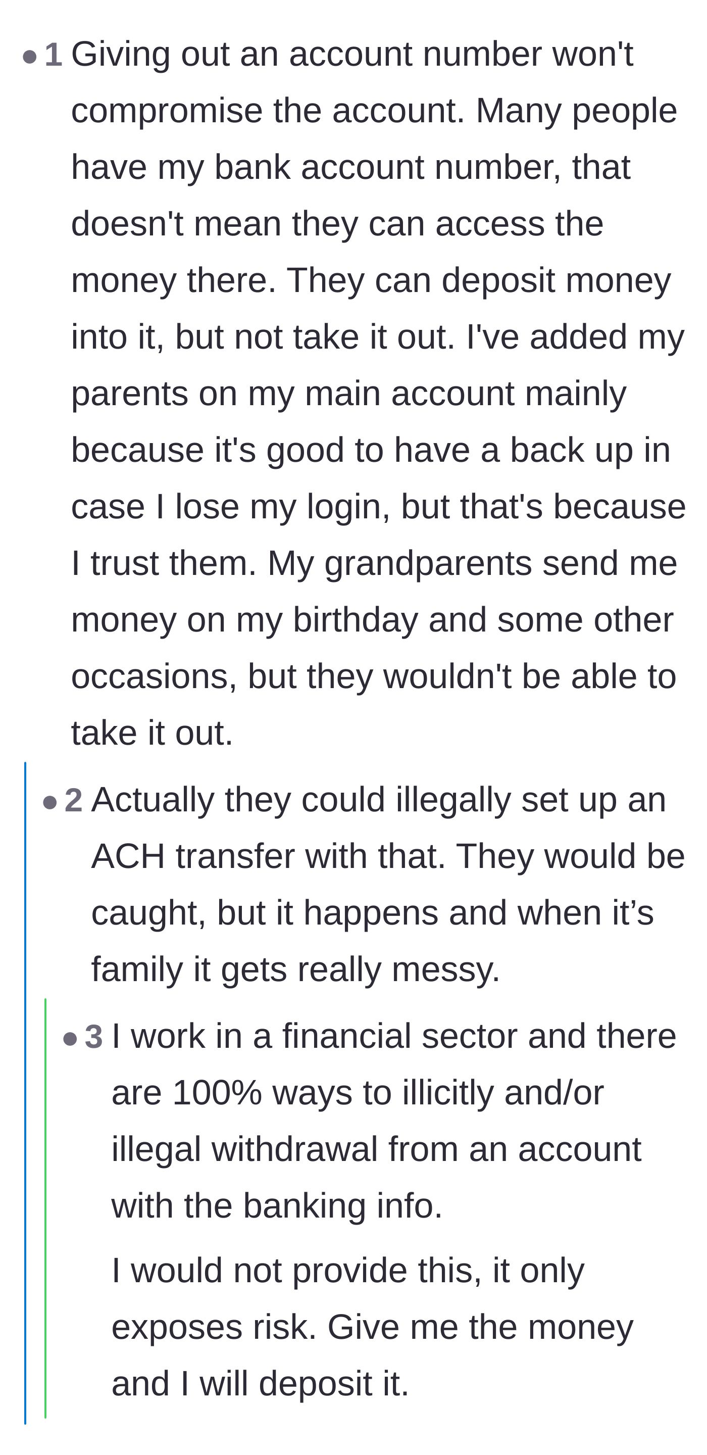 Comment thread 6 - A financial professional validates the security risk but questions the mother's inconsistent application of her privacy rules.