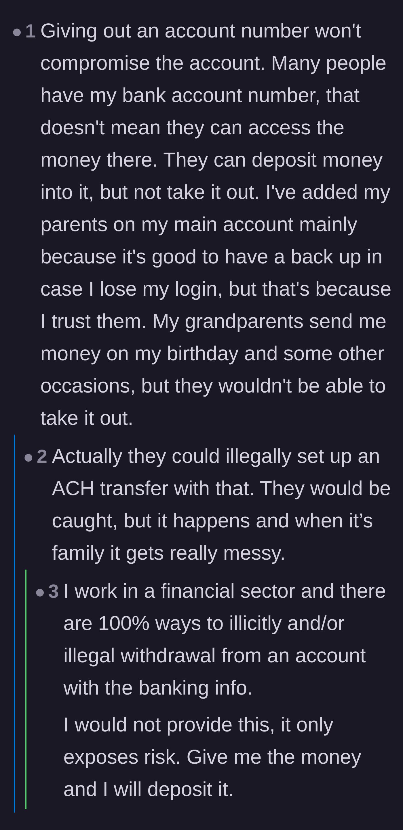 Comment thread 6 - A financial professional validates the security risk but questions the mother's inconsistent application of her privacy rules.
