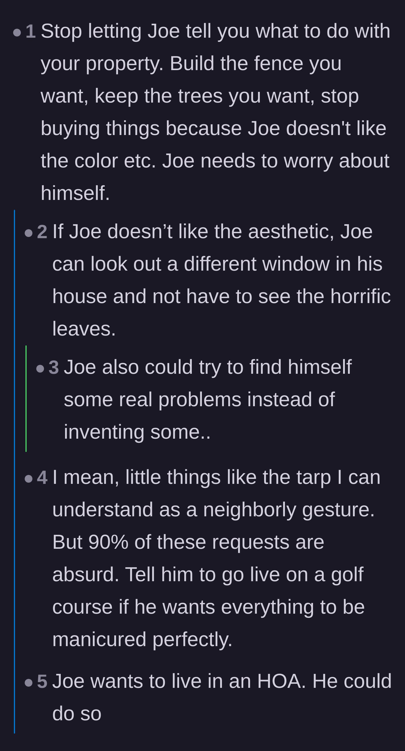 Comment thread 2 - Readers telling the homeowner to stop taking orders and suggesting the neighbor move to a golf course.