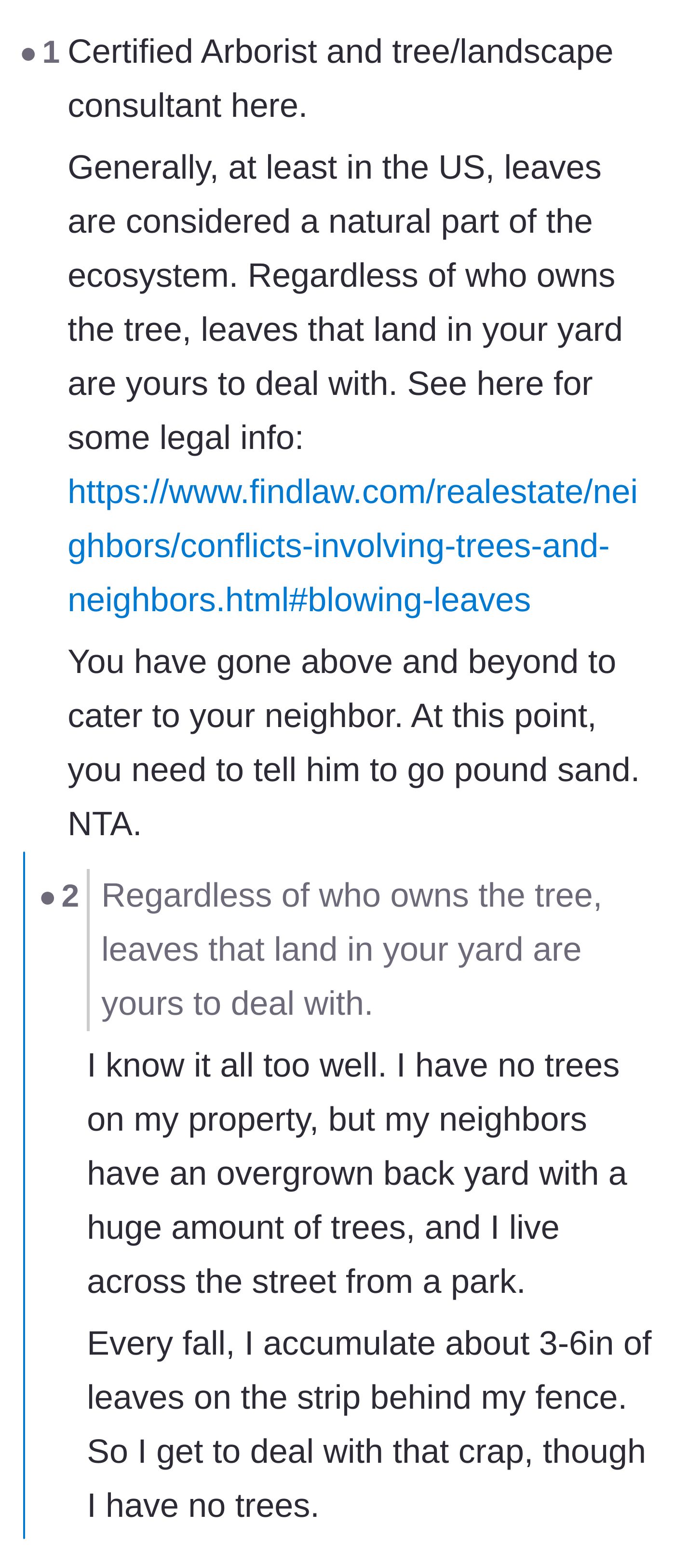 Comment thread 5 - A certified arborist explaining the legal reality that leaves belong to whoever's yard they blow into.