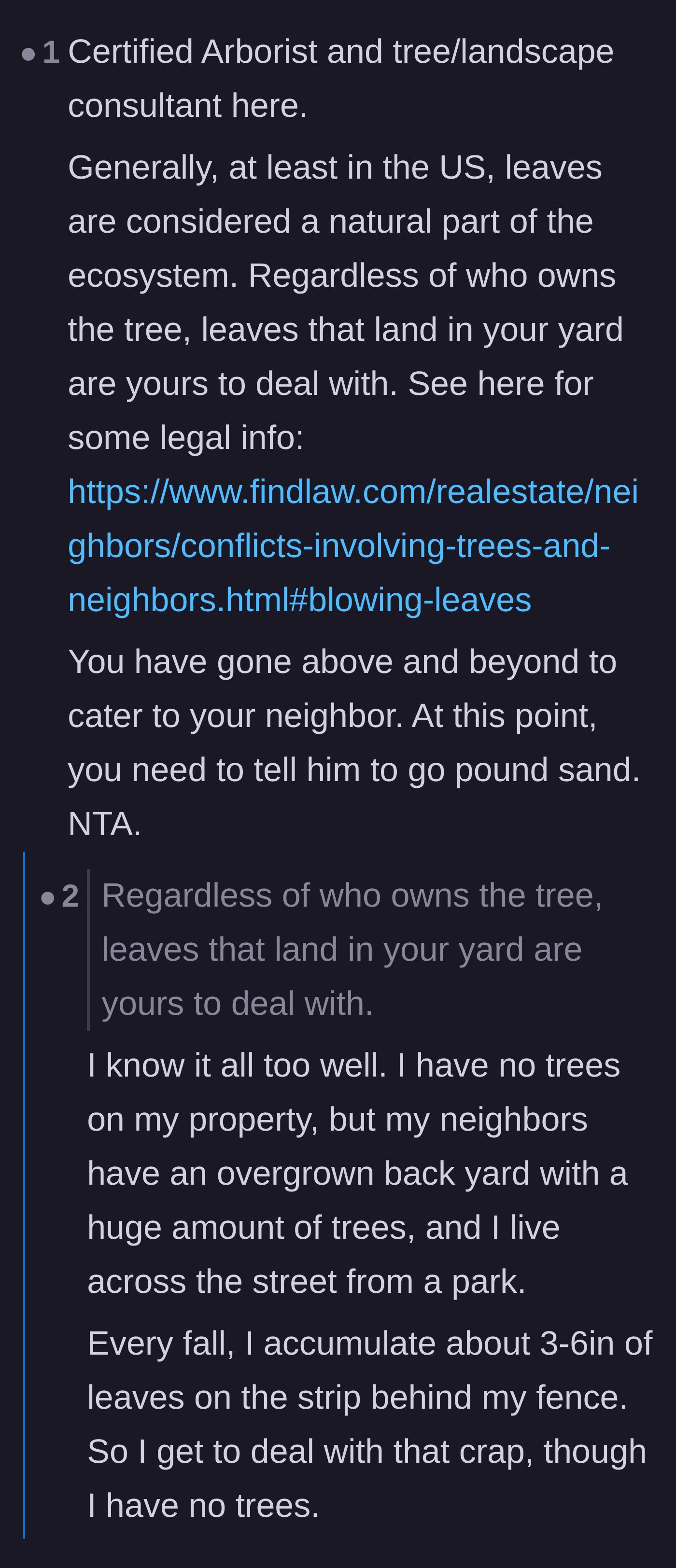 Comment thread 5 - A certified arborist explaining the legal reality that leaves belong to whoever's yard they blow into.