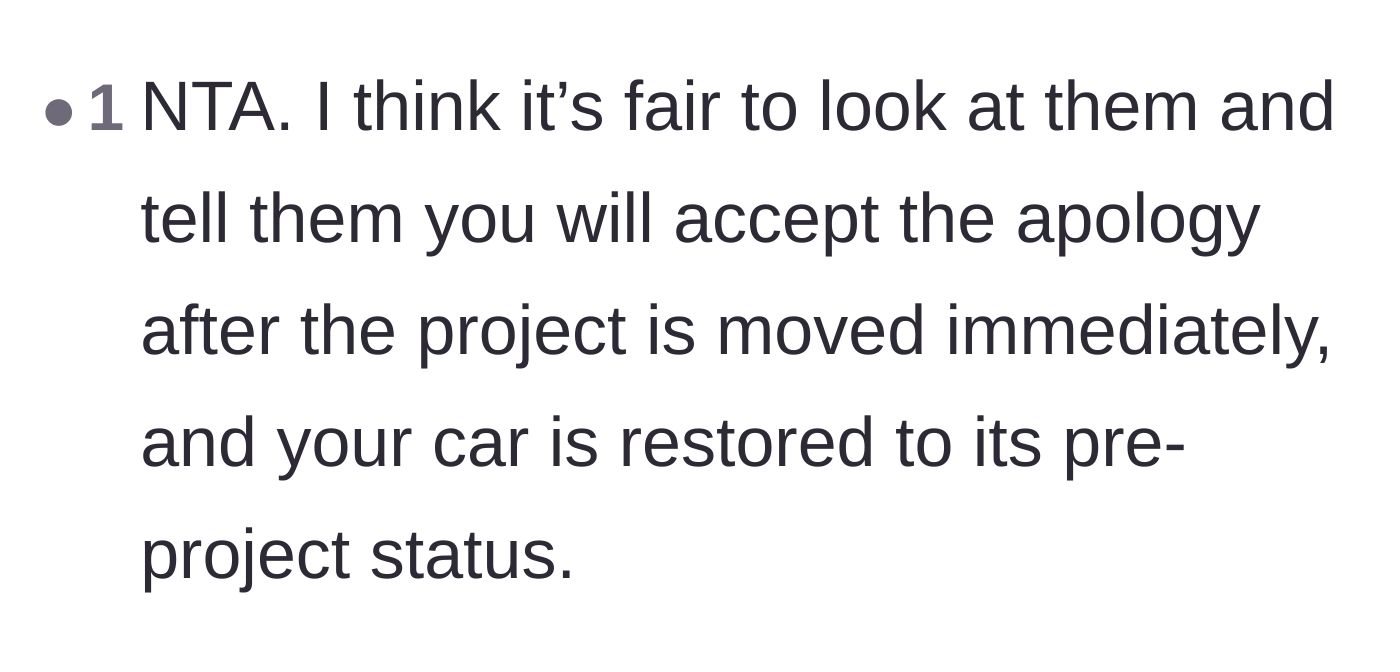 Comment thread 2 - Suggesting the neighbors must clean the car before their apology is accepted.