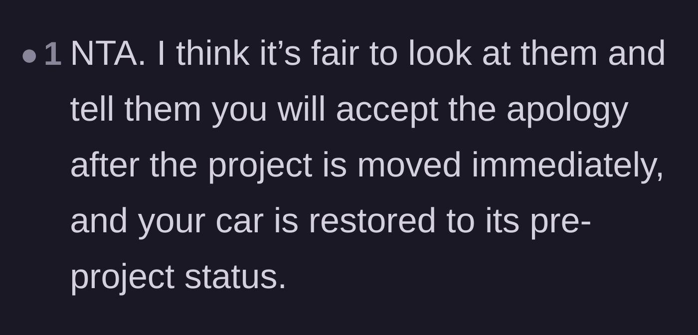 Comment thread 2 - Suggesting the neighbors must clean the car before their apology is accepted.