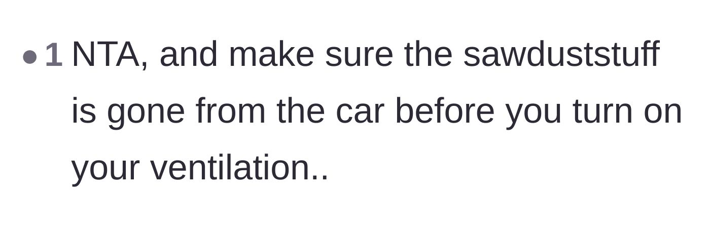 Comment thread 3 - A practical warning about sawdust getting into the car's ventilation system.