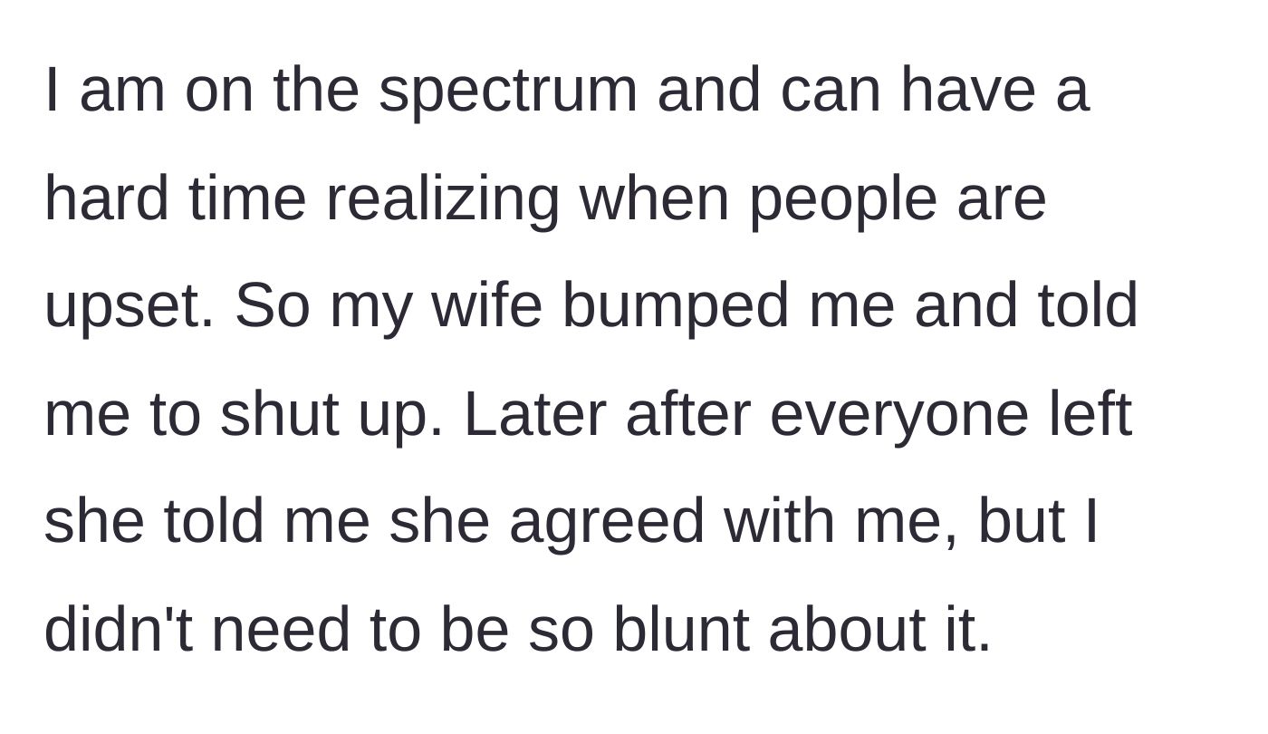 Story part 4 - The husband receives a discreet physical nudge from his wife to stop talking; later, she admits privately that she agreed with his assessment.