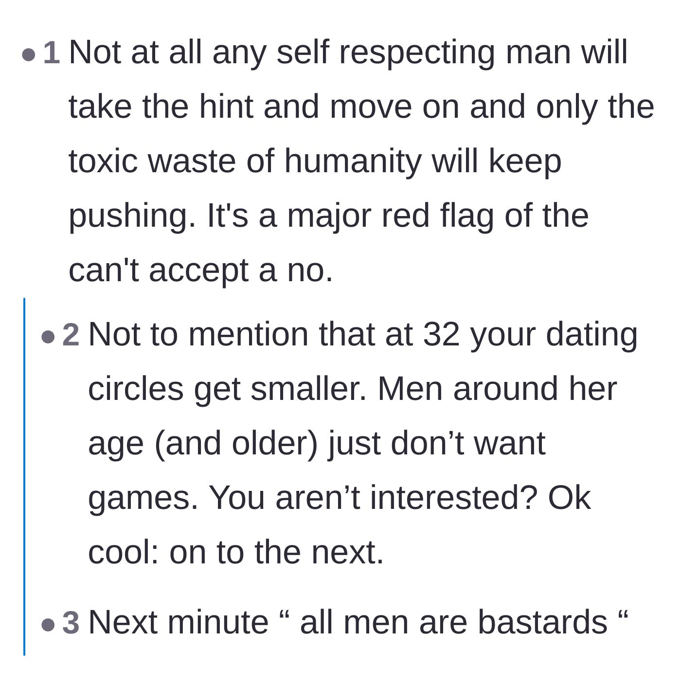 Comment thread 2 - Readers agreeing that self-respecting men in their thirties don't have the time or desire to chase women who pretend to be disinterested.