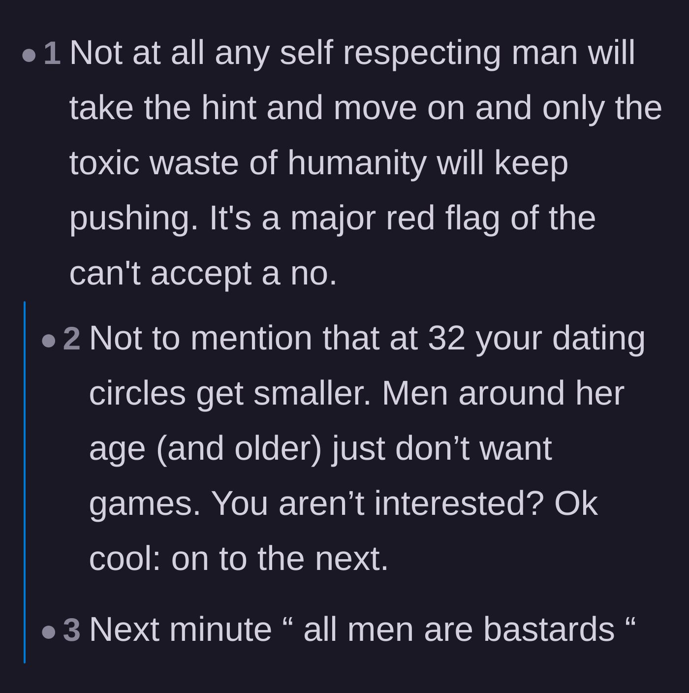 Comment thread 2 - Readers agreeing that self-respecting men in their thirties don't have the time or desire to chase women who pretend to be disinterested.