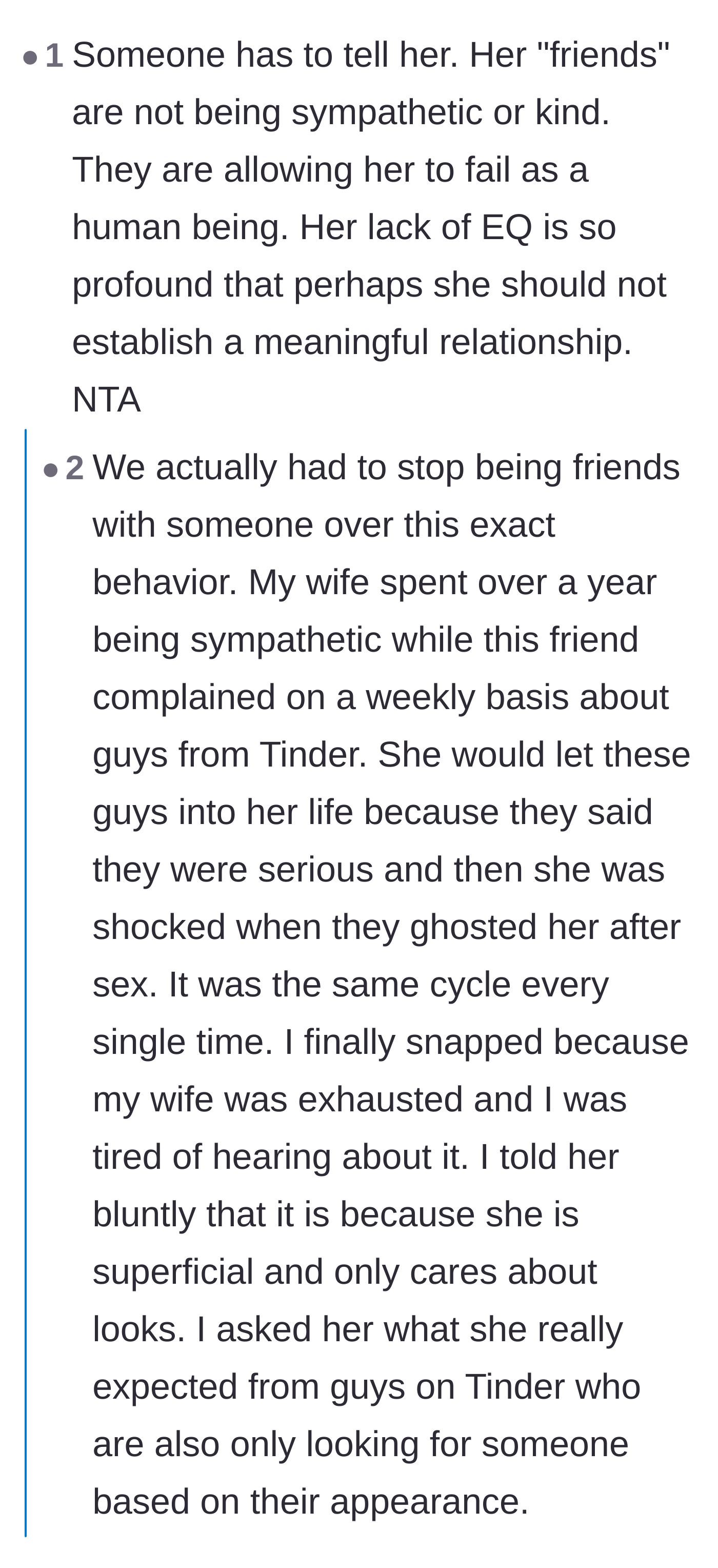 Comment thread 3 - A debate on how the friend group is doing a disservice by silently supporting behavior that practically guarantees romantic failure.