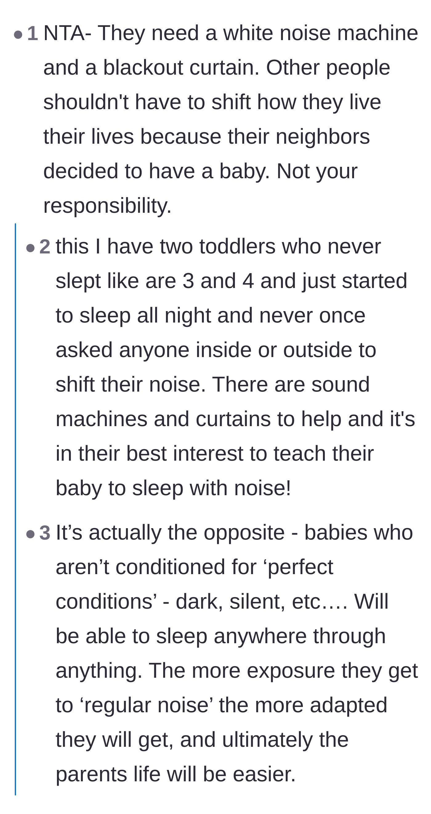 Comment thread 2 - Discussion on how creating perfectly silent environments actually prevents babies from learning to sleep through normal disturbances.